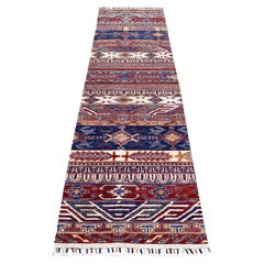 2
4 "x9
1" Khorjin Design Läufer Blau Super Kazak Handgeknüpfter Wollteppich