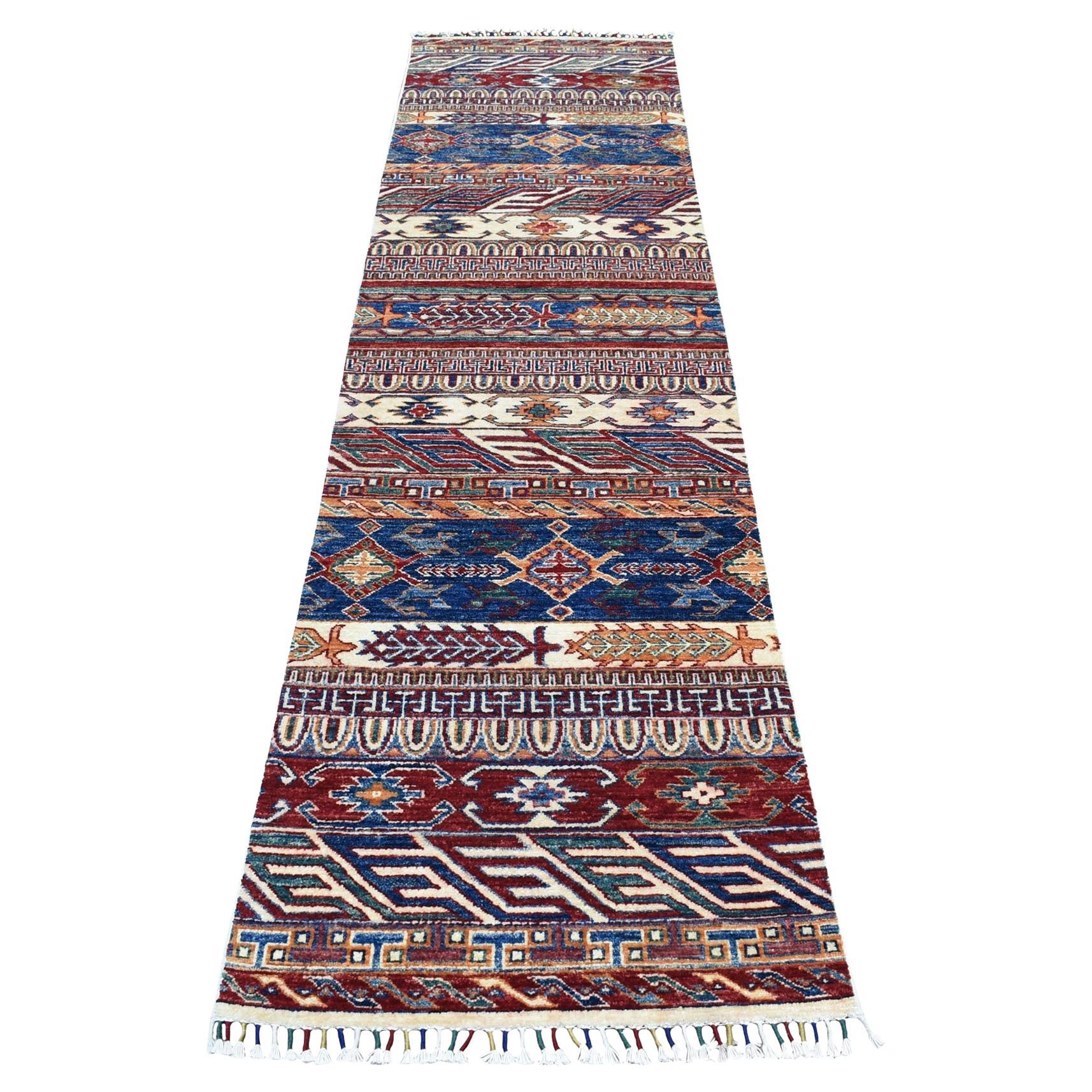 2'4"x9'2" Khorjin Design Runner Blue Super Kazak Tribal Wool Hand Knotted Rug For Sale