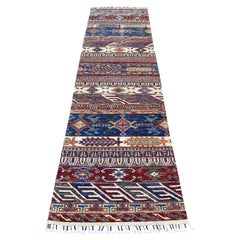 2'4"x9'2" Khorjin Design Runner Blue Super Kazak Tribal Wool Hand Knotted Rug