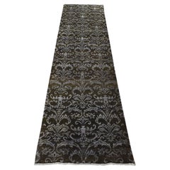 2'4"x9'8" Green, Abarasque Motif Design, Wool and Silk, Hand Knotted Runner Rug