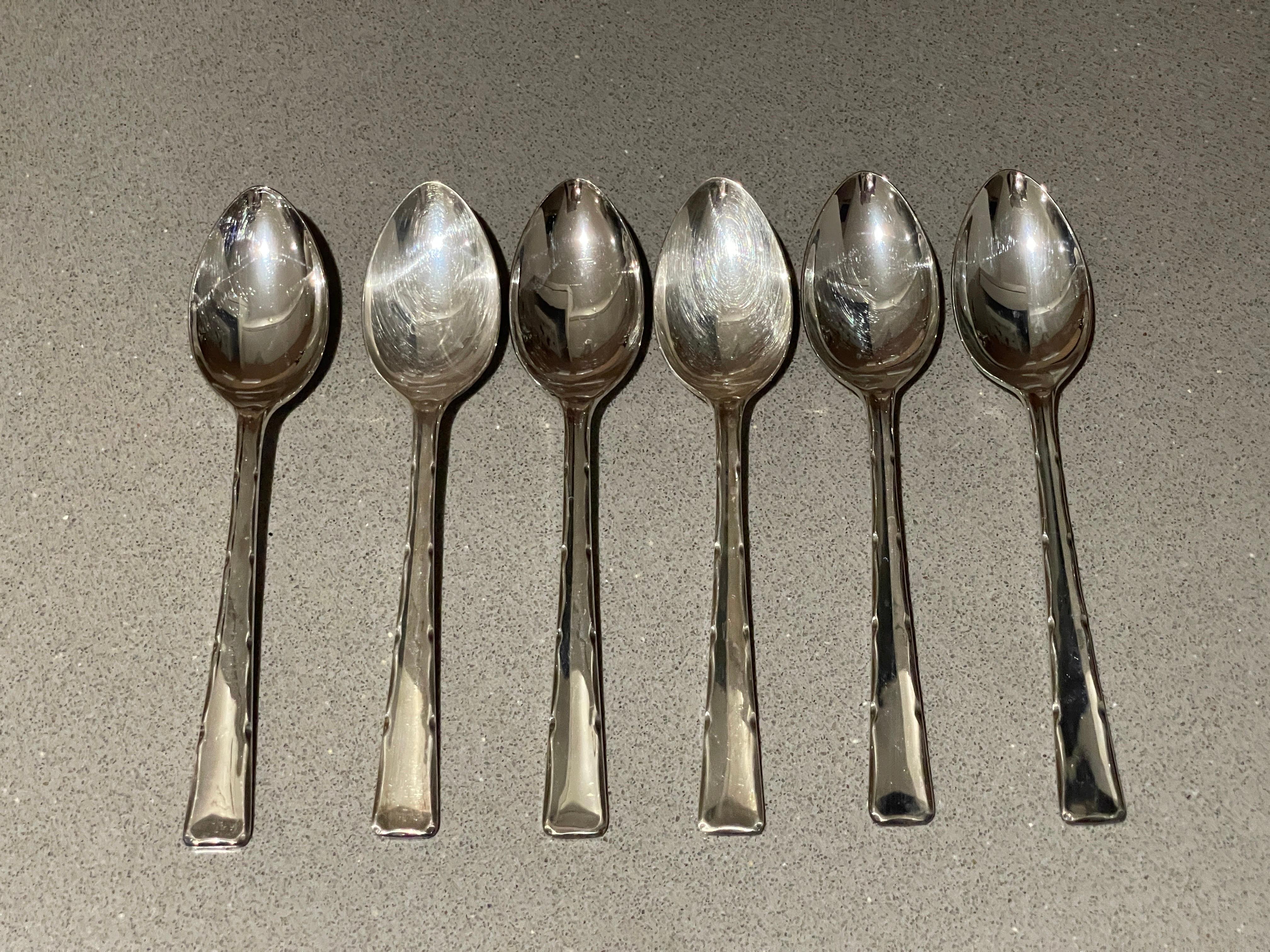 Silvered 25 Antique Spoon English Silver Demitasse Coffee Tea Spoons 4 Set of 6 For Sale
