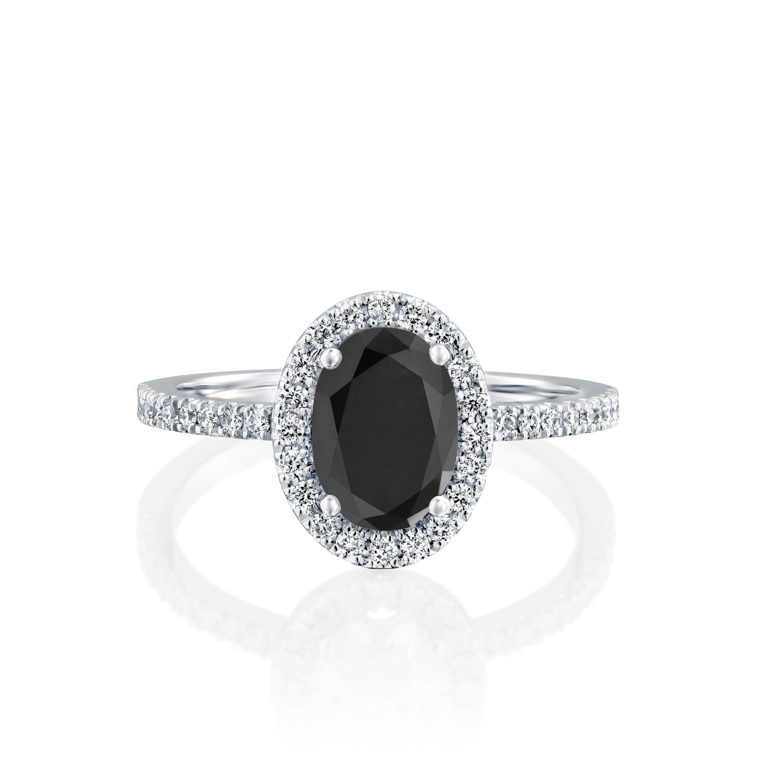 Beautiful solitaire with accents vintage style diamond engagement ring. Center stone is natural, oval shaped, AAA quality Black Diamond of 2 carat and it is surrounded by smaller natural diamonds approx. 0.5 total carat weight. The total carat