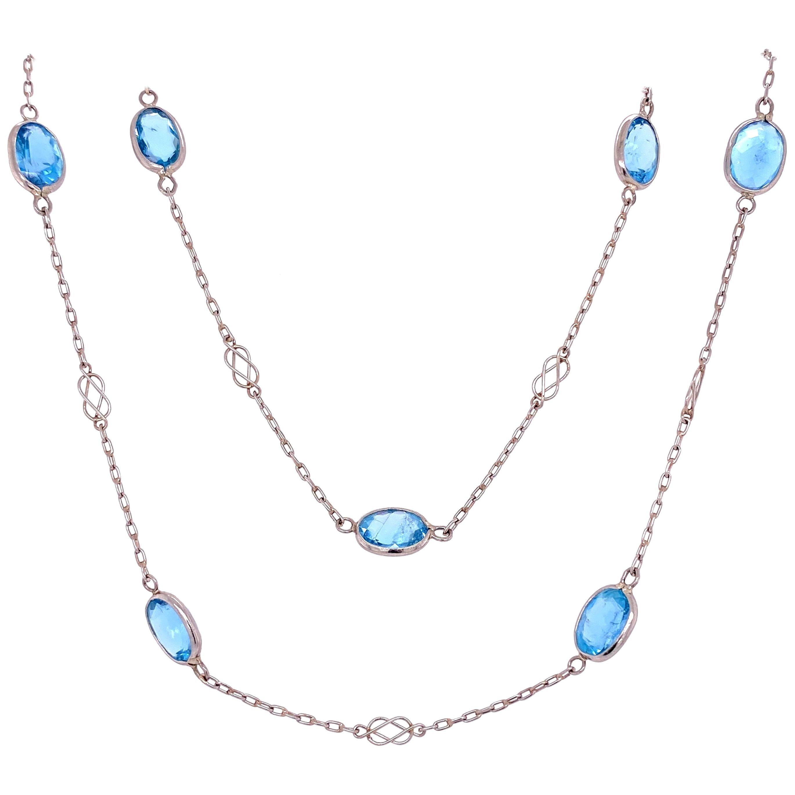 Vintage 25 Carat Aquamarine Gemstone Platinum Link Necklace Fine Estate Jewelry