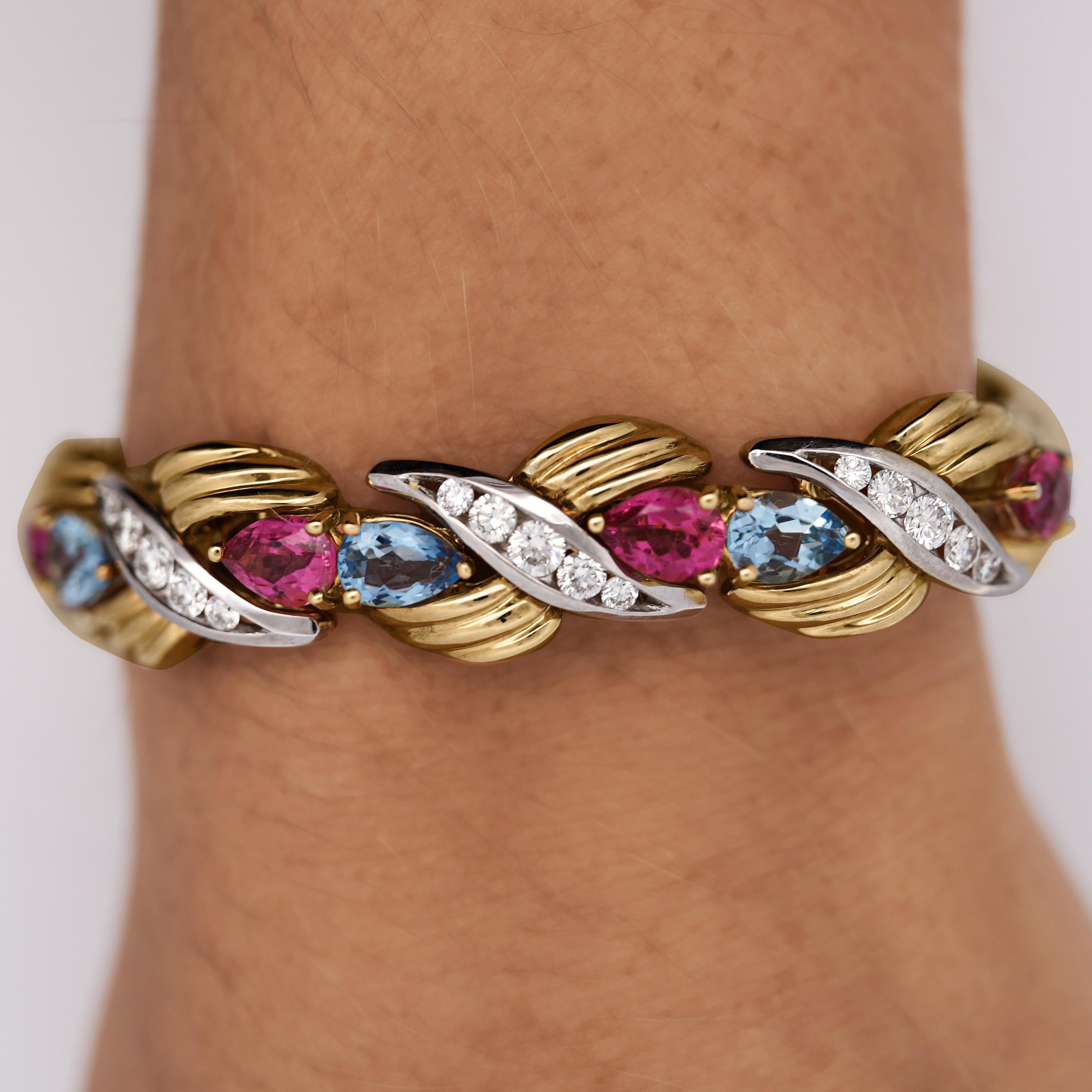 Moderne Bracelet rétro en or 18 carats avec aigue-marine, tourmaline et diamants de 25 carats en vente