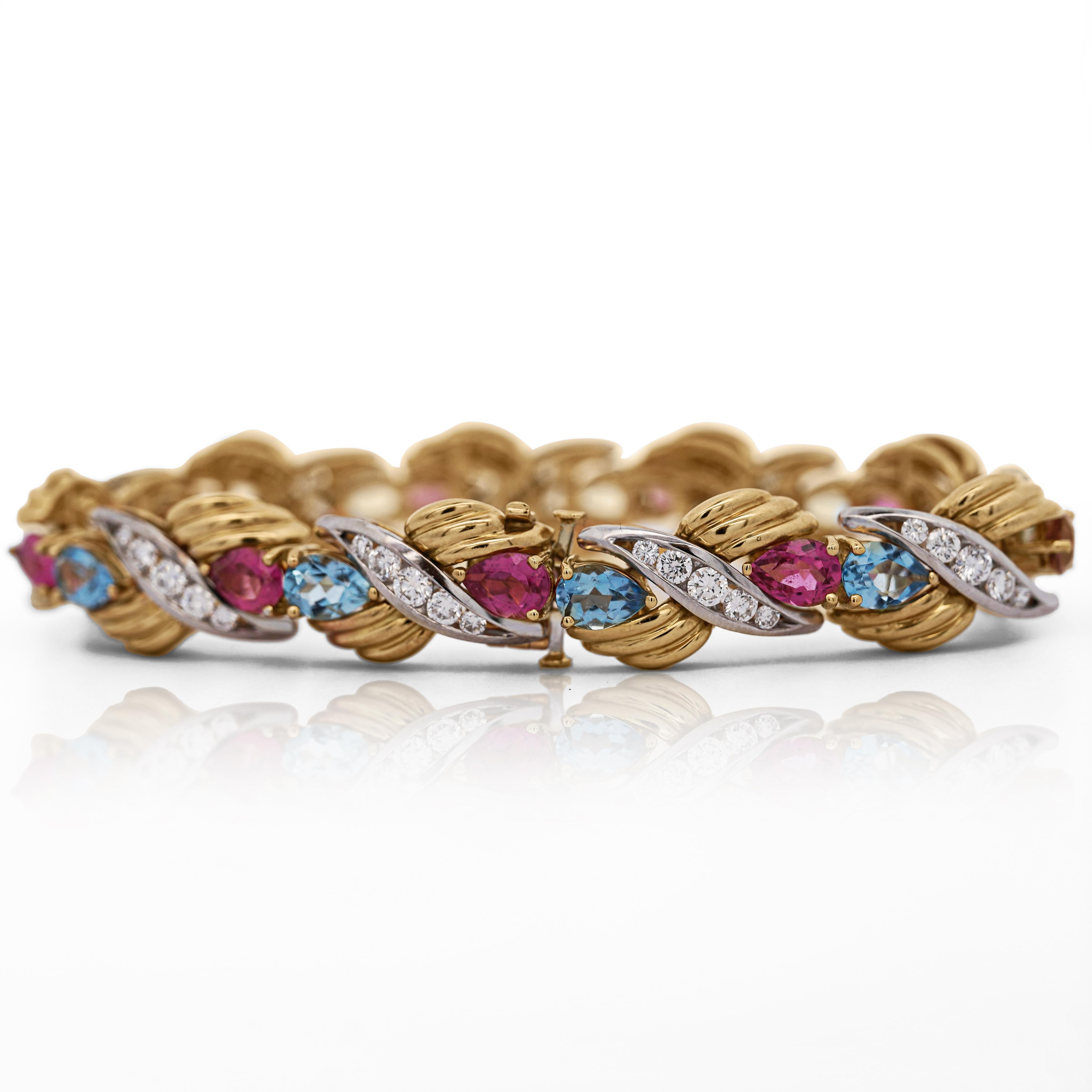 Bracelet rétro en or 18 carats avec aigue-marine, tourmaline et diamants de 25 carats Bon état - En vente à Miami, FL