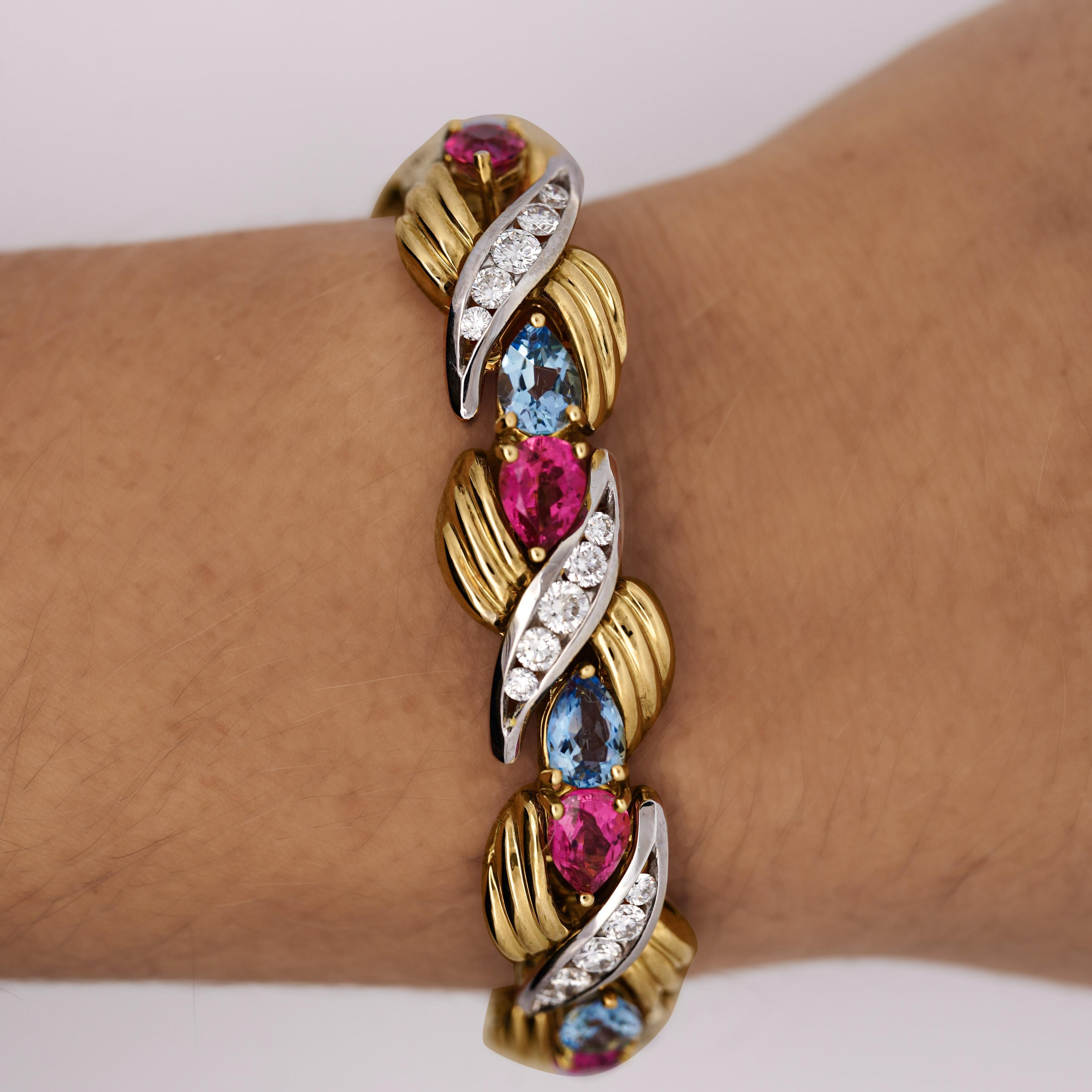 Bracelet rétro en or 18 carats avec aigue-marine, tourmaline et diamants de 25 carats Pour femmes en vente