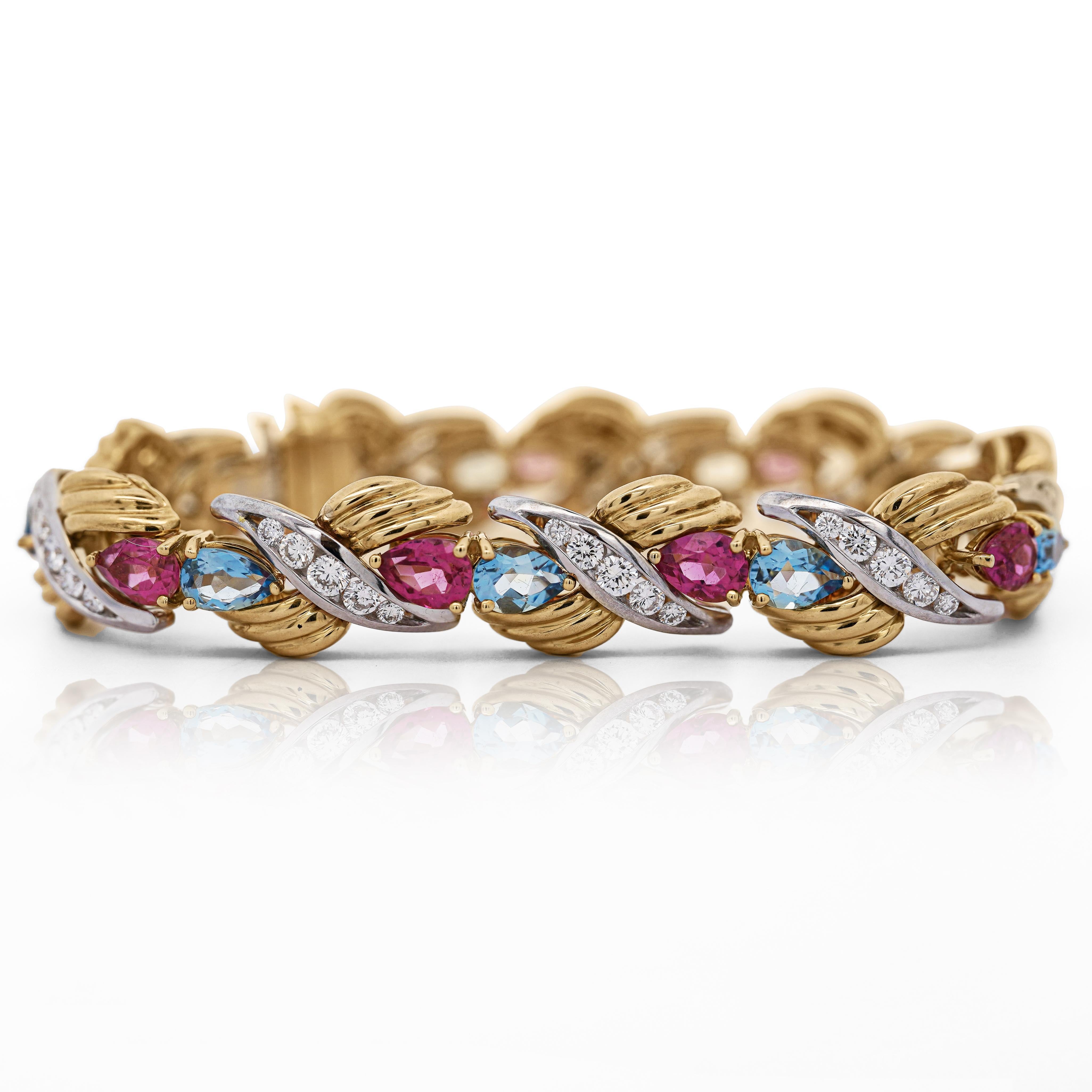 Bracelet rétro en or 18 carats avec aigue-marine, tourmaline et diamants de 25 carats en vente 1