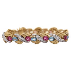 25 Carat Aquamarine, Tourmaline, & Diamond 18K Gold Platinum Retro Bracelet