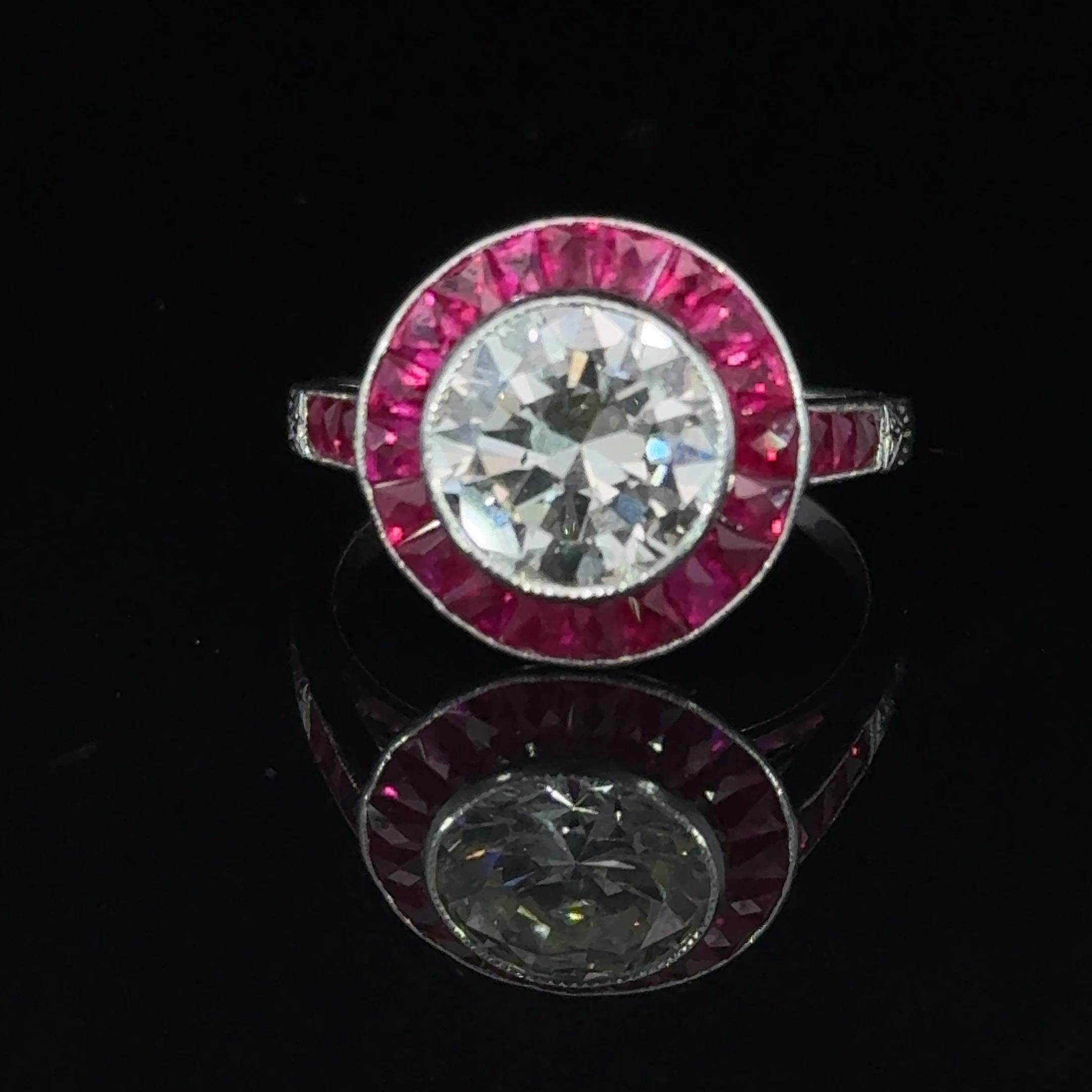 Round Cut 2.5 Carat Art Deco Diamond Ruby Platinum Ring
