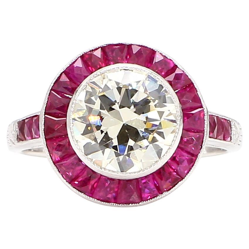 Bague art déco 2,5 carats diamant rubis platine en vente