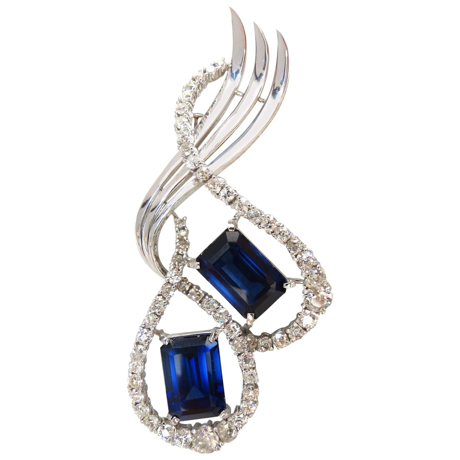 25 Carat Cobalt Blue Lab Sapphire Diamonds Brooch Pin Platinum