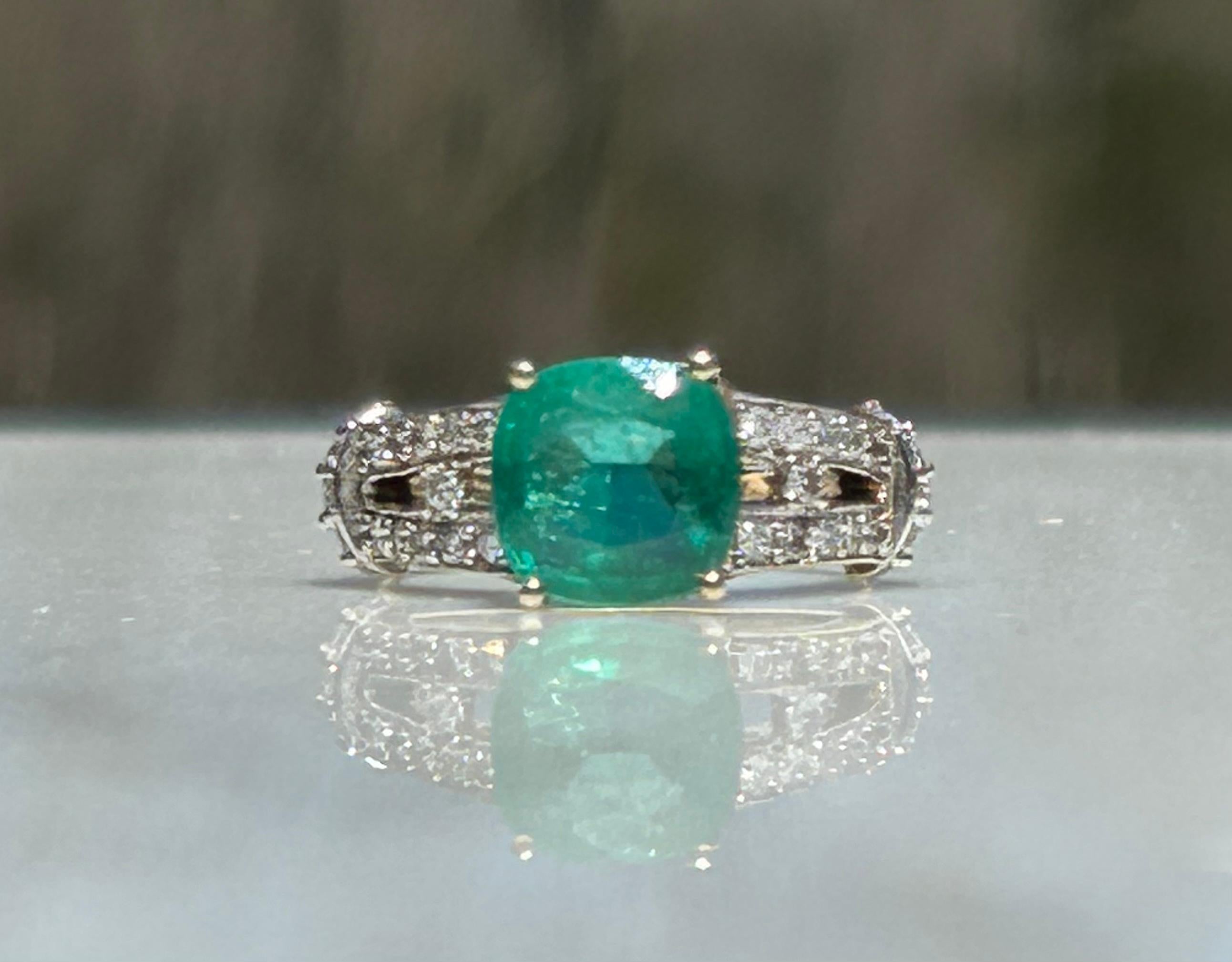 Contemporary 2.5 Carat Cushion Cut Columbian Emerald and .5ctw Diamond Ring