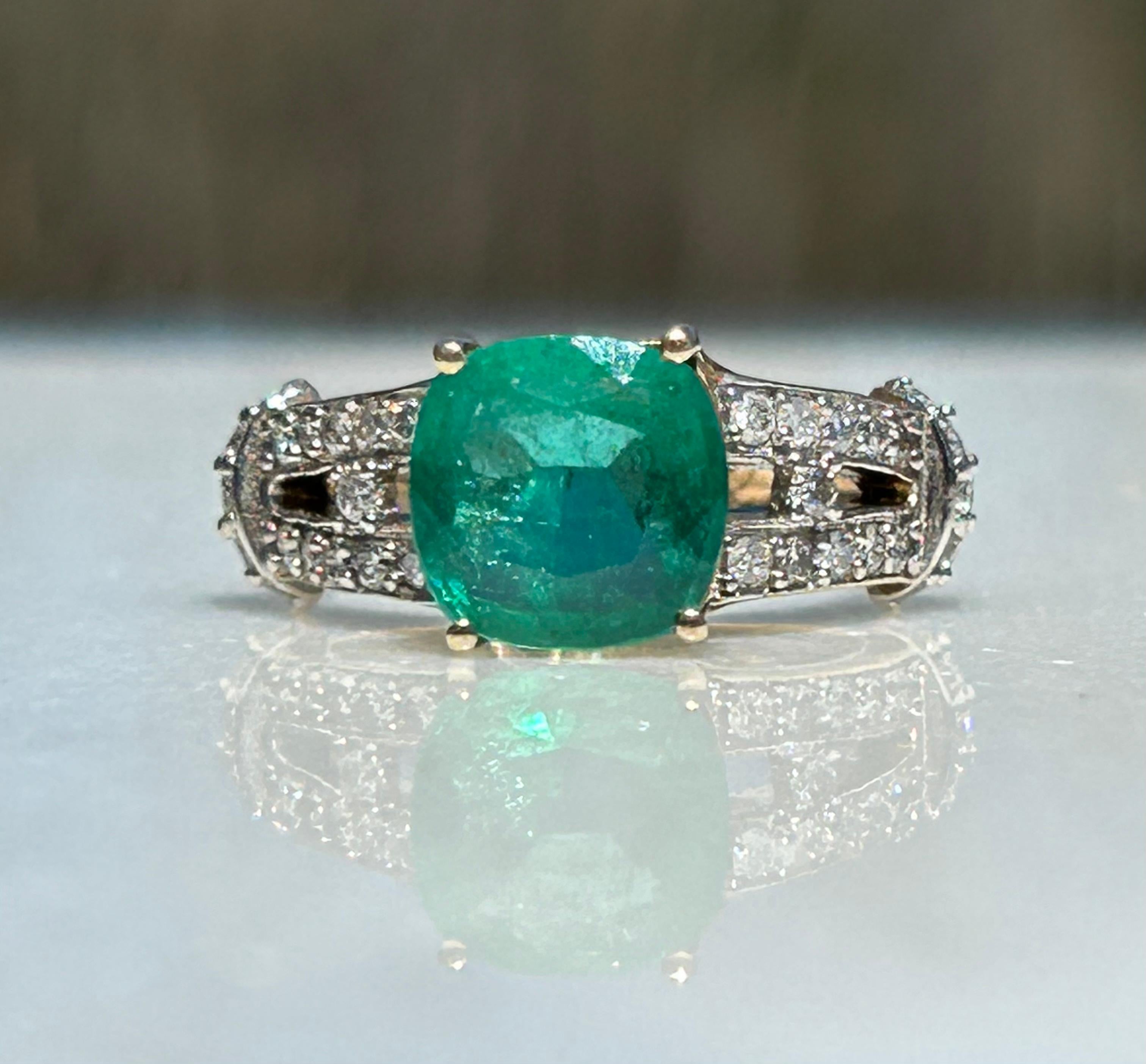 2.5 Carat Cushion Cut Columbian Emerald and .5ctw Diamond Ring For Sale 1