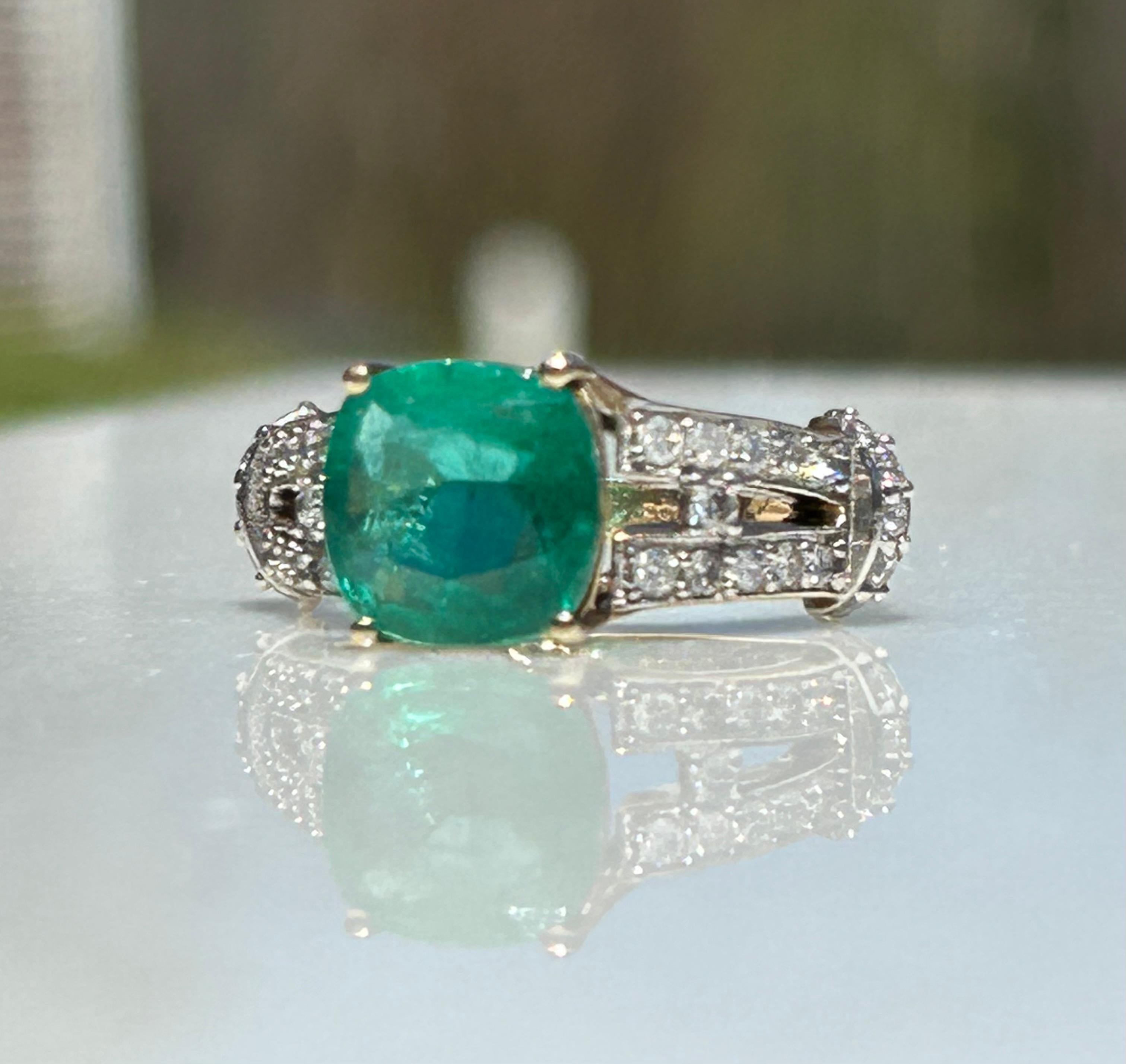 2.5 Carat Cushion Cut Columbian Emerald and .5ctw Diamond Ring For Sale 10
