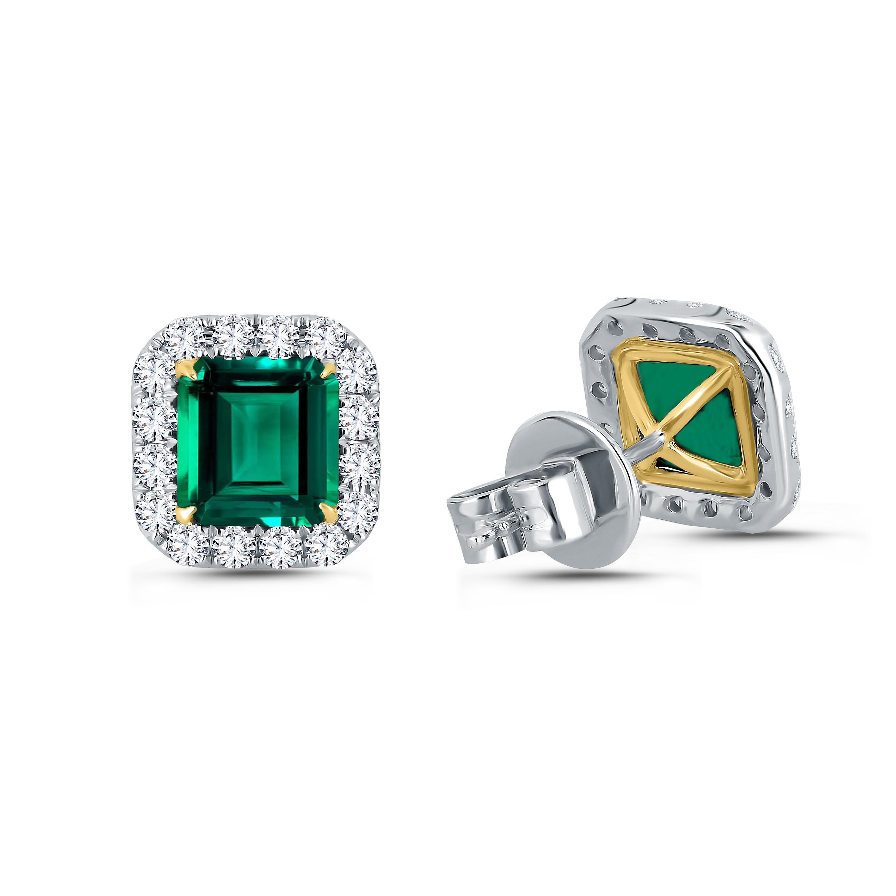 Meet our exquisite cushion cut emerald earrings. These stunning pieces showcase the timeless allure of 2.02 carats of captivating emeralds, their vivid green hues accentuated by a sparkling halo of round white diamonds. Crafted with meticulous