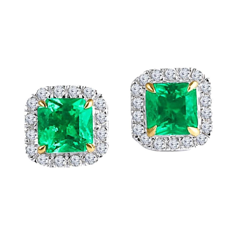 2.02 Carat Cushion Cut Emerald and Natural Diamond Earrings in 18k W/Y ref1628 For Sale