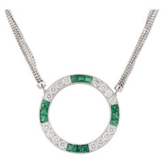 2.5 carat Diamond & 2 carat Emerald Circle Pendant Necklace Platinum In Stock