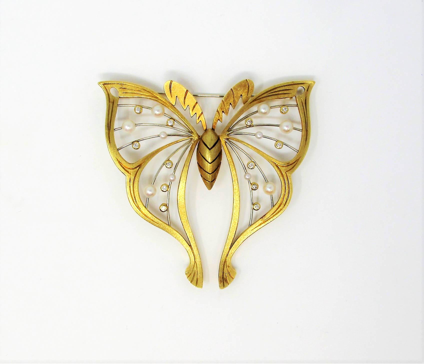 Contemporary Extra Large Diamond and Pearl Butterfly Brooch Handmade 18 Karat Yellow Gold