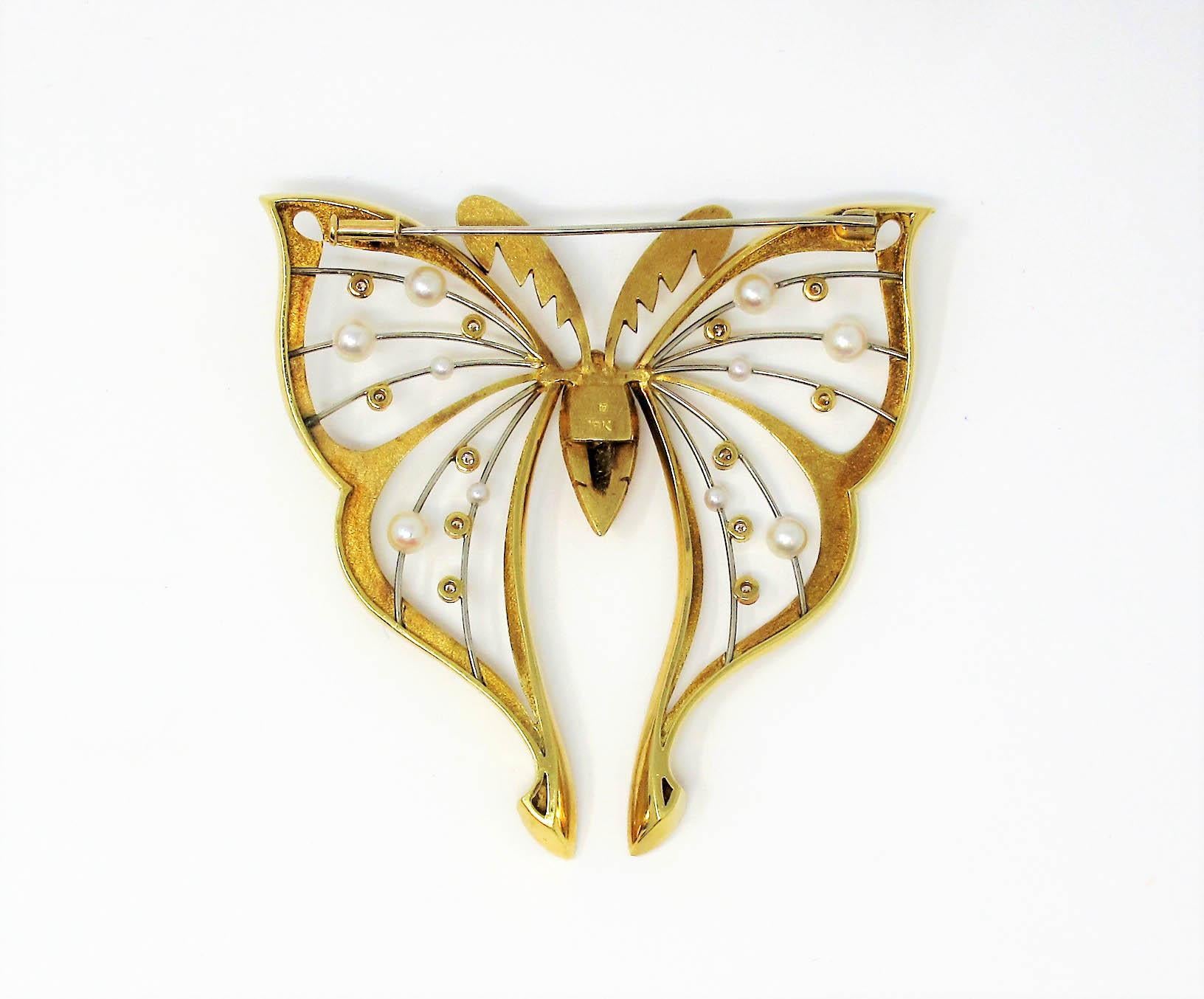 Extra Large Diamond and Pearl Butterfly Brooch Handmade 18 Karat Yellow Gold 2