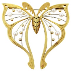 Extra Large Diamond and Pearl Butterfly Brooch Handmade 18 Karat Yellow Gold