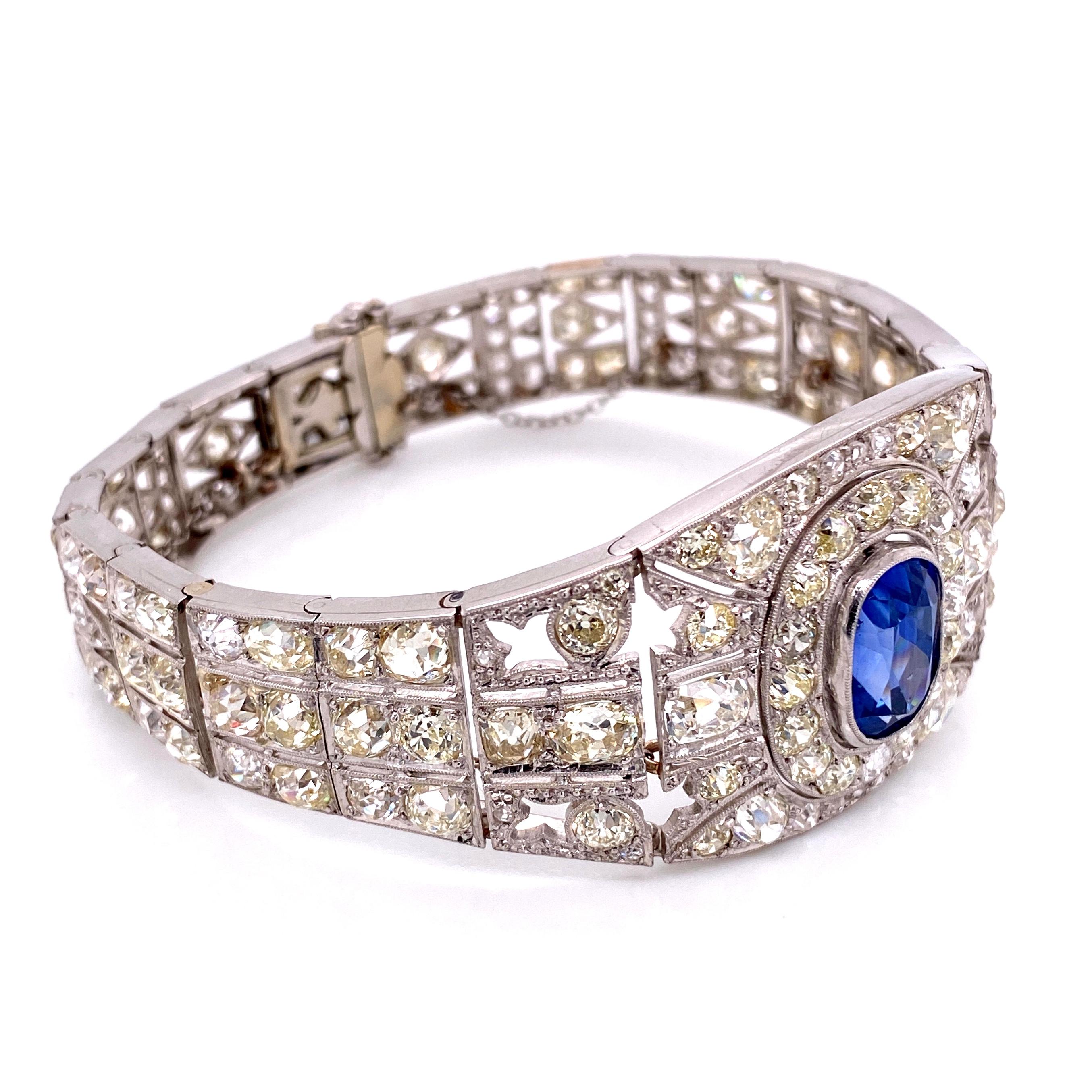 Round Cut 25 Carat Diamond and Sapphire Art Deco Platinum Bracelet Estate Fine Jewelry GIA