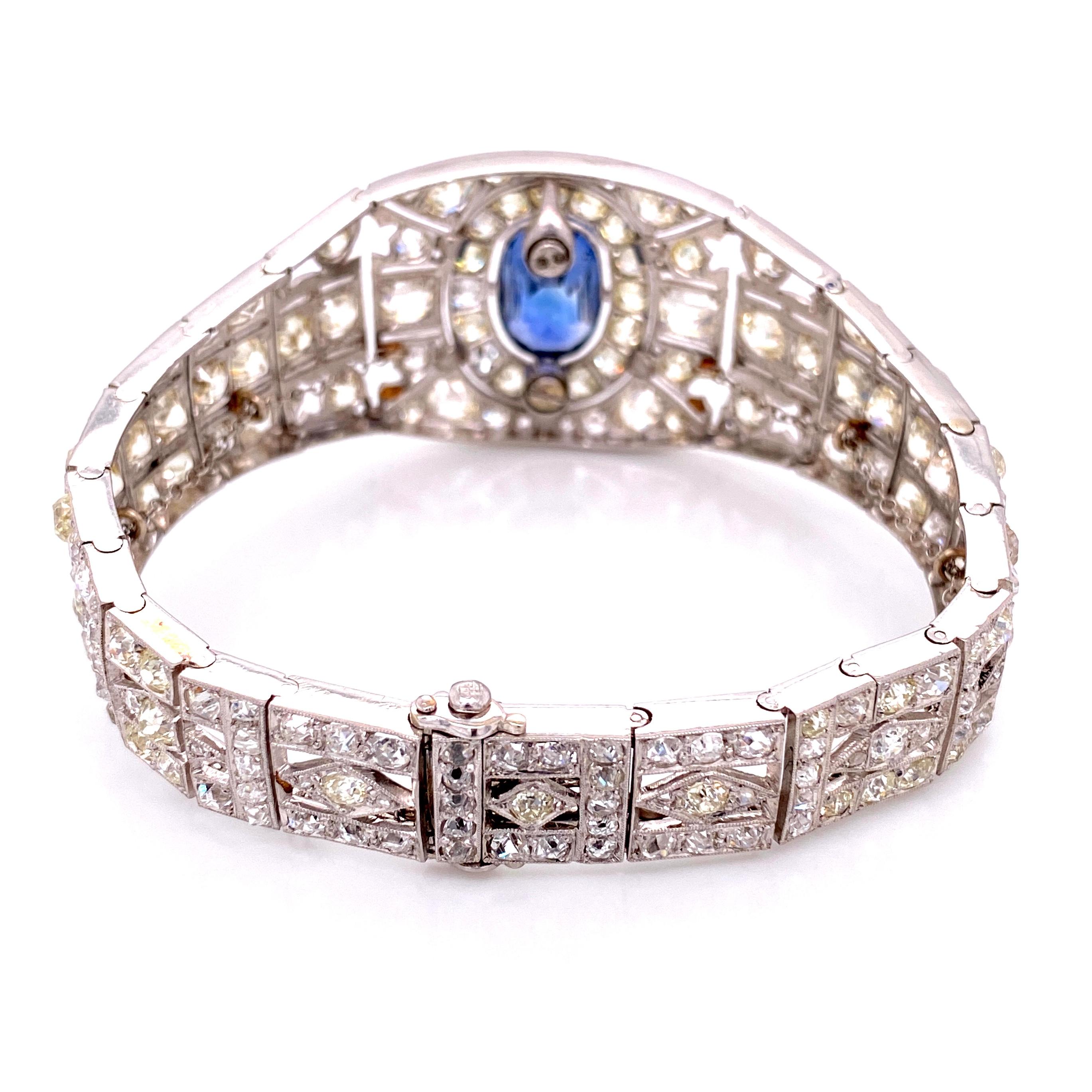 Women's 25 Carat Diamond and Sapphire Art Deco Platinum Bracelet Estate Fine Jewelry GIA