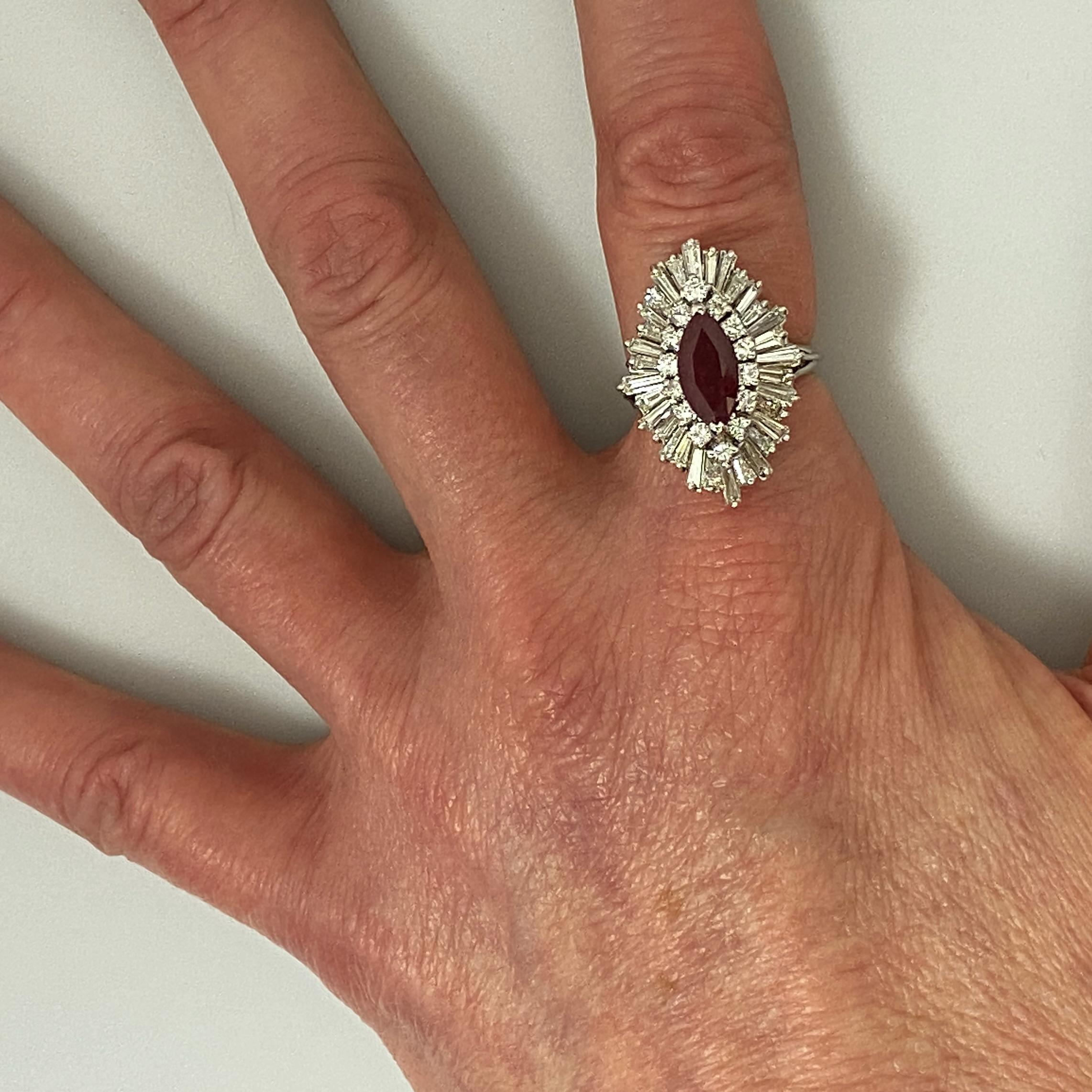 Baguette Cut 2.5 Carat Diamond Ballerina Ring with 1.78 Carat Ruby in 18 Karat White Gold For Sale
