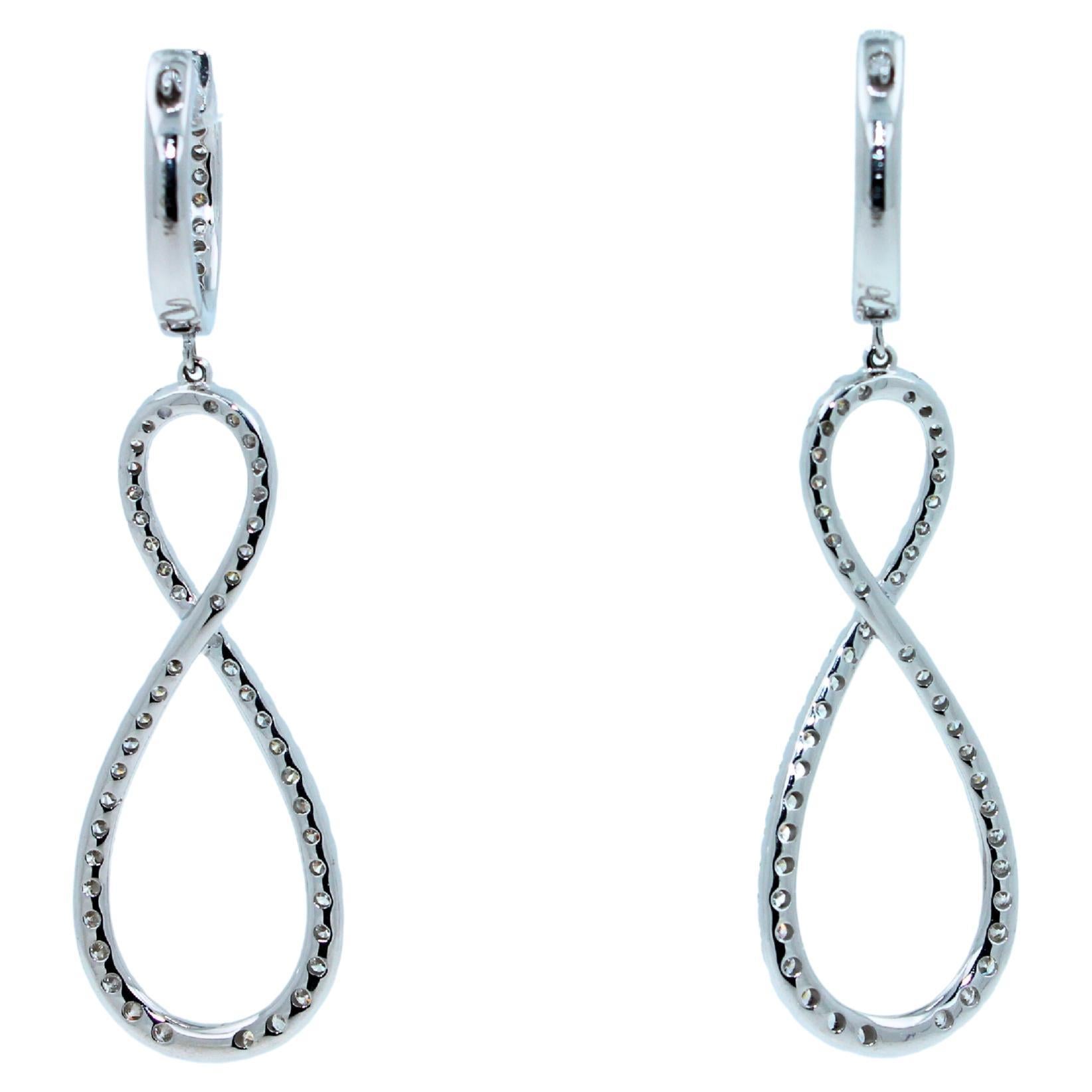 Modern 2.5 Carat Diamond Hoop 14 Karat White Gold Drop Infinity Eight Huggie Earrings For Sale
