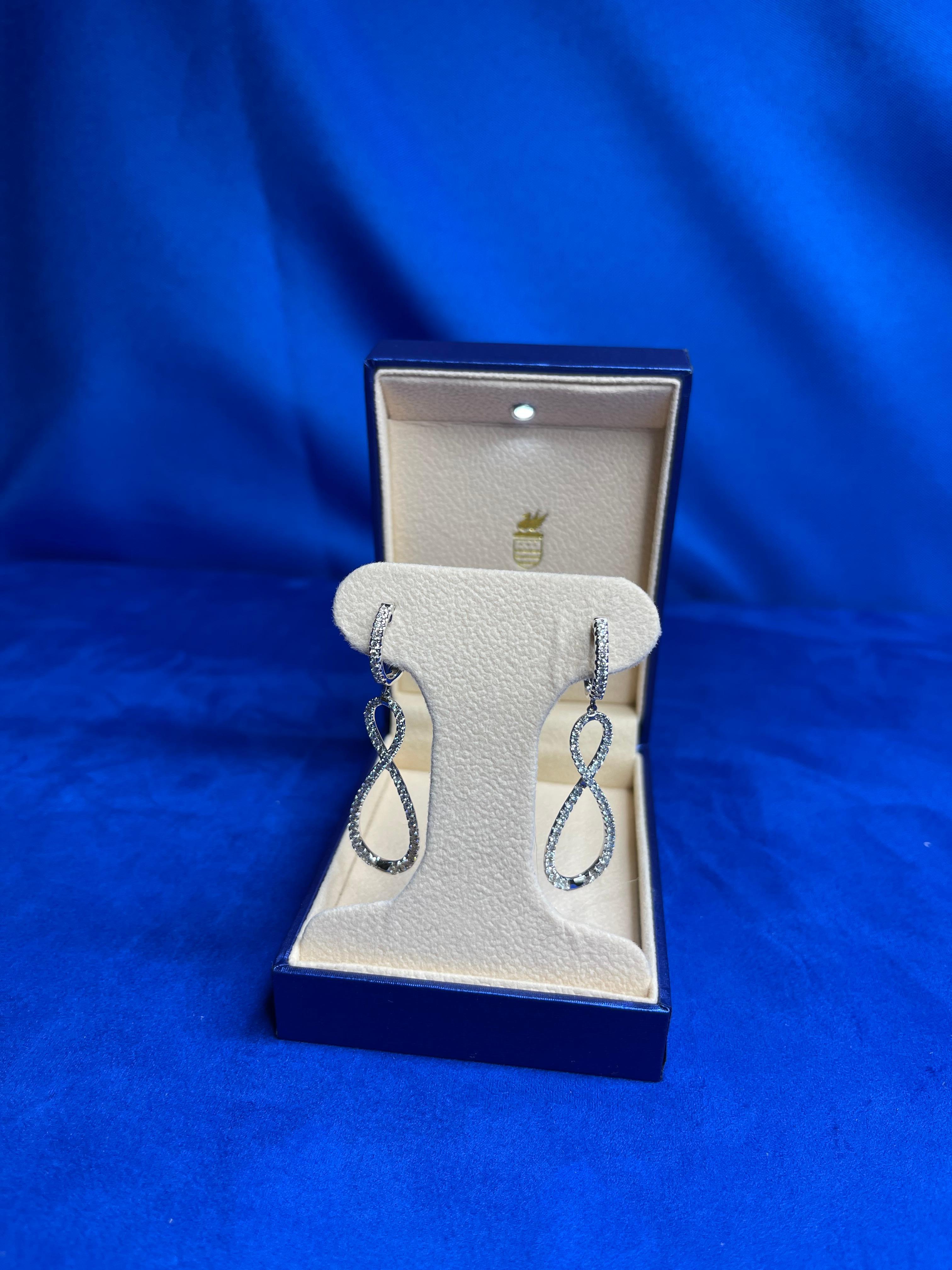 Brilliant Cut 2.5 Carat Diamond Hoop 14 Karat White Gold Drop Infinity Eight Huggie Earrings For Sale