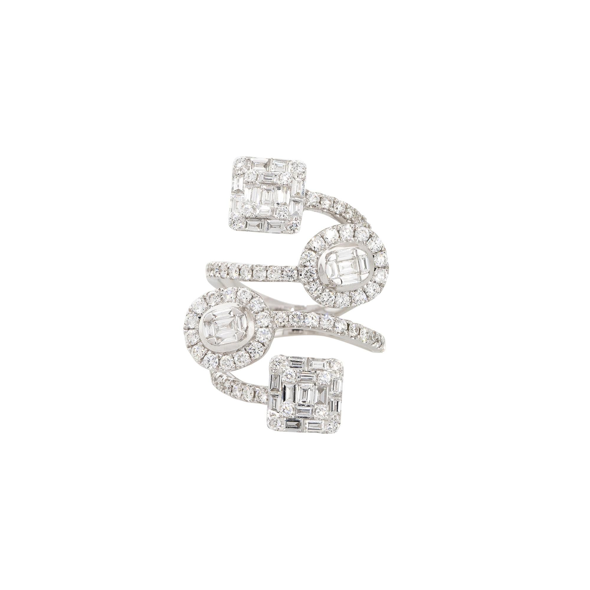 18k White Gold 2.5ctw Diamond Mosaic Station Crossover Ring
Style: Women's Diamond Crossover Ring
Material: 18k White Gold
Main Diamond Details: Approximately 2.5ctw of Round Brilliant and Baguette cut Diamonds. There are 4 mosaic Diamond stations;