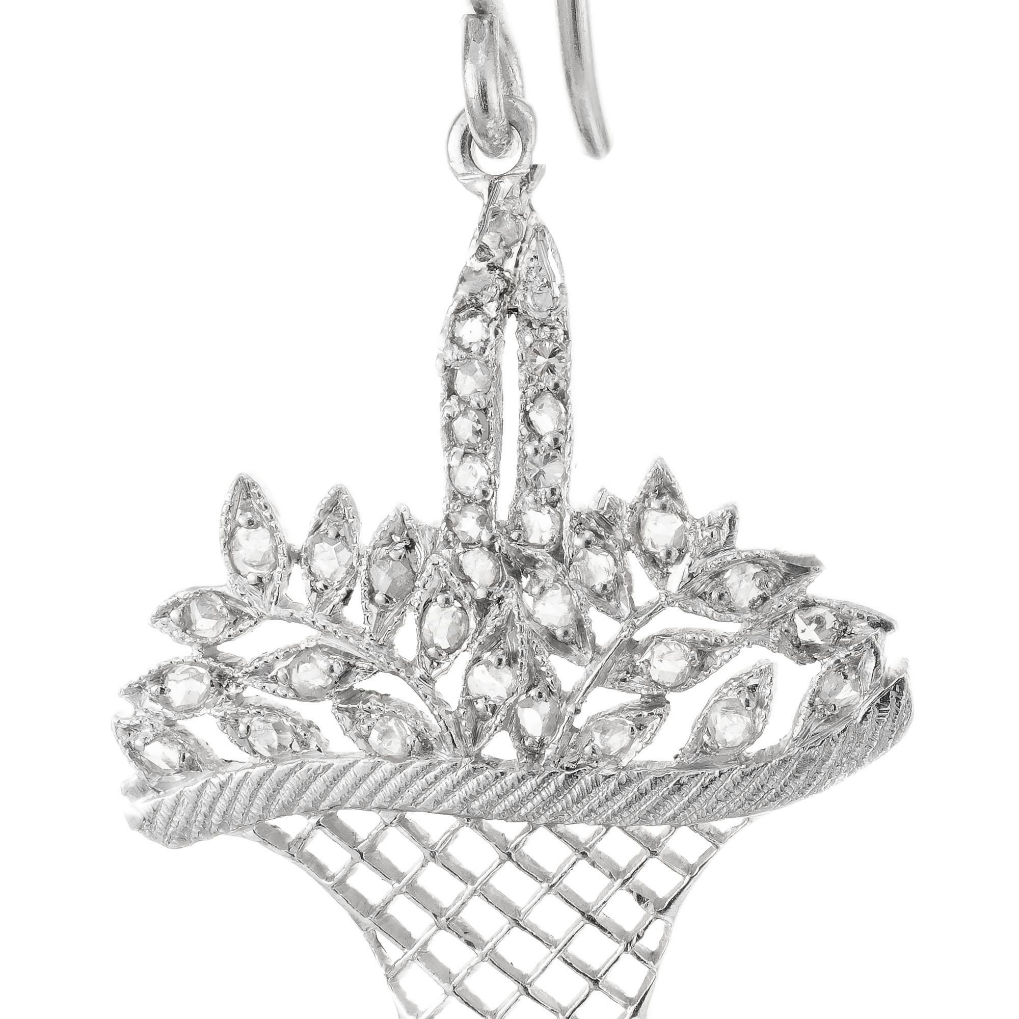 Rose Cut .25 Carat Diamond Platinum Basket Dangle Earrings For Sale
