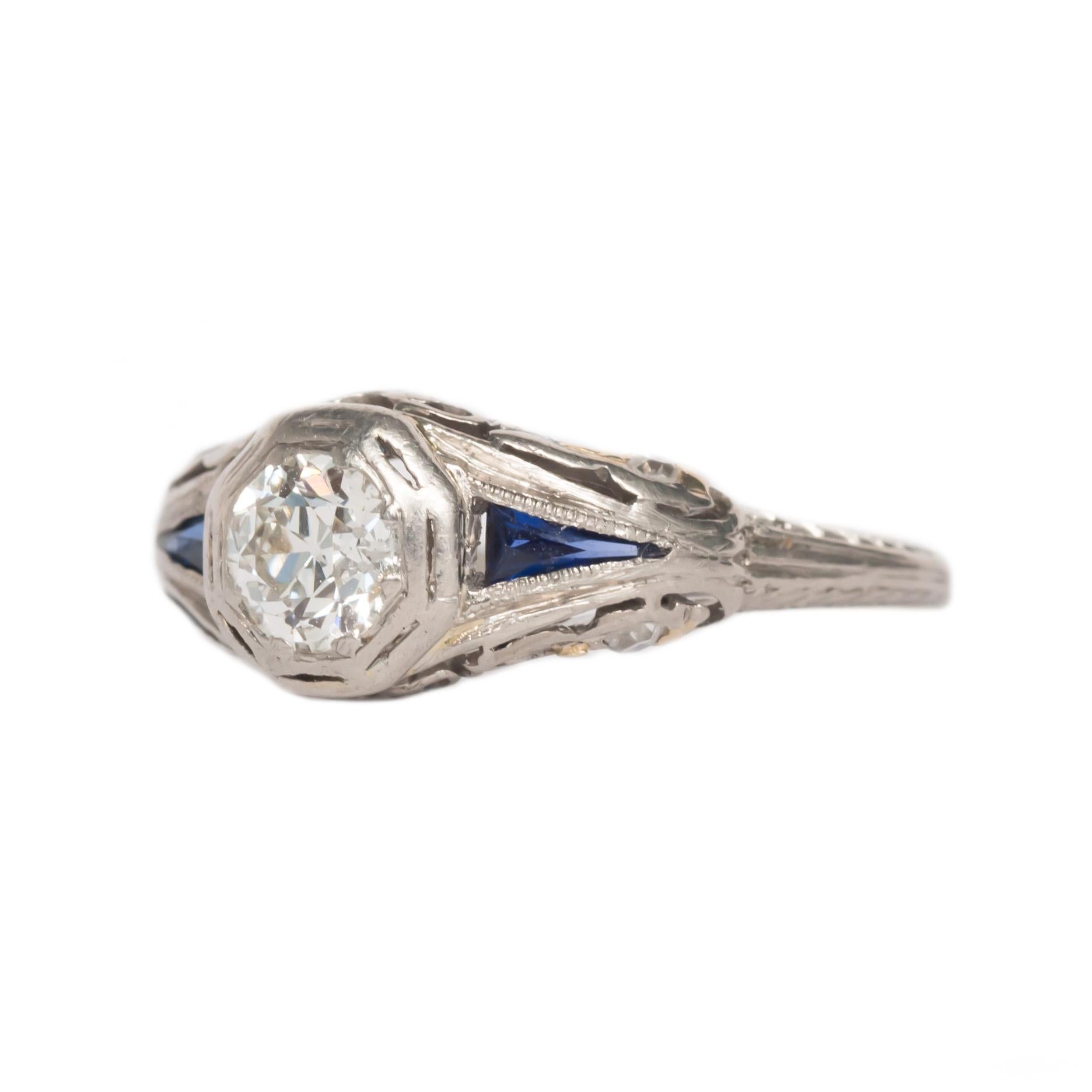 Item Details: 
Ring Size: 5.25
Metal Type: Platinum [Tested]
Weight: 2.3 grams

Center Diamond Details
Shape: Old European Brilliant
Carat Weight: .25 carat
Color: G
Clarity: VS1

Side Stone Details: 
Shape: Single Cut
Total Carat Weight: .06 carat,