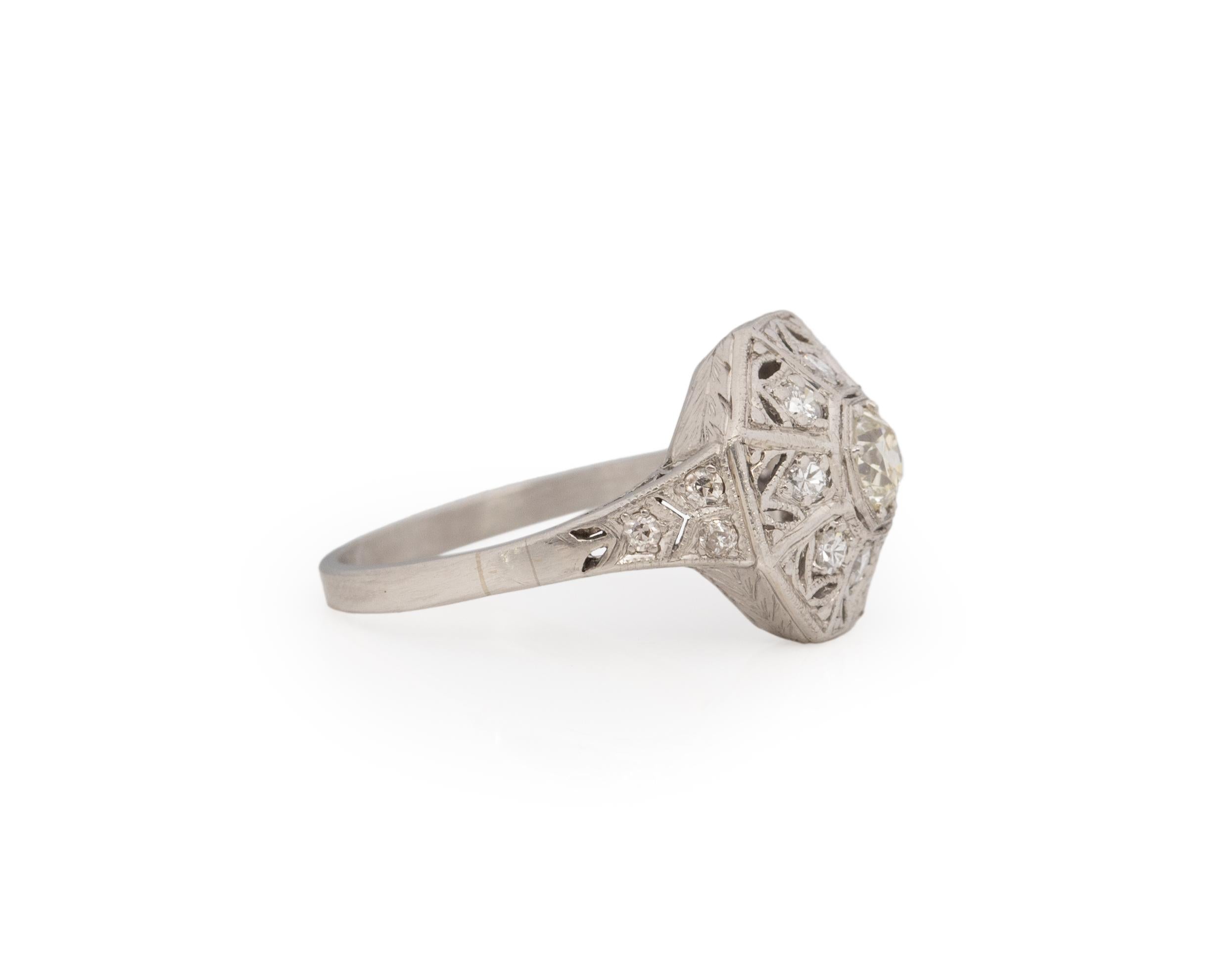 Item Details:
Ring Size: 8
Metal Type: Platinum [Hallmarked, and Tested]
Weight: 4.7 grams

Center Diamond Details:
Weight: .25ct
Cut: Old European brilliant
Color: Light Yellow
Clarity: VS

Side Diamond Details:
Weight: .15ct, total
Cut: Old