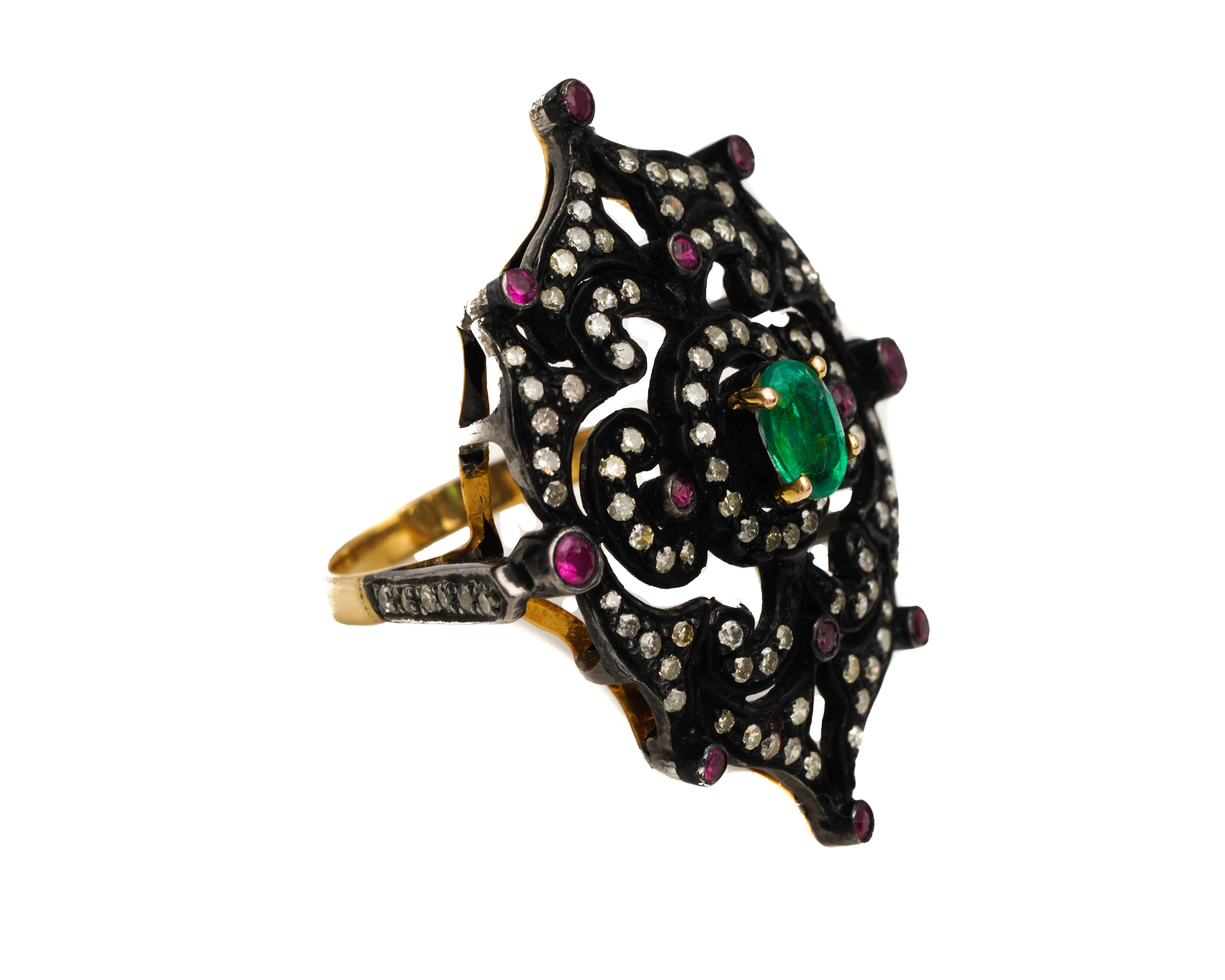 Ring Details:
Metal type: 18 Karat Yellow Gold, Black Gold and Silver
Weight: 7 grams
Size: 5 (resizable)

Features:
.25 Carat Total Weight Accent Diamonds, Round Cut, Symmetrically placed
.20 Carat Total Weight Ruby Accents, 12 stones, Round Cut,