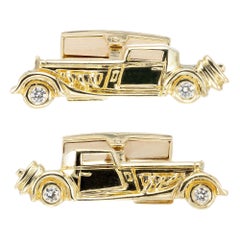 Vintage .25 Carat Diamond Yellow Gold Roadster Car Cufflinks