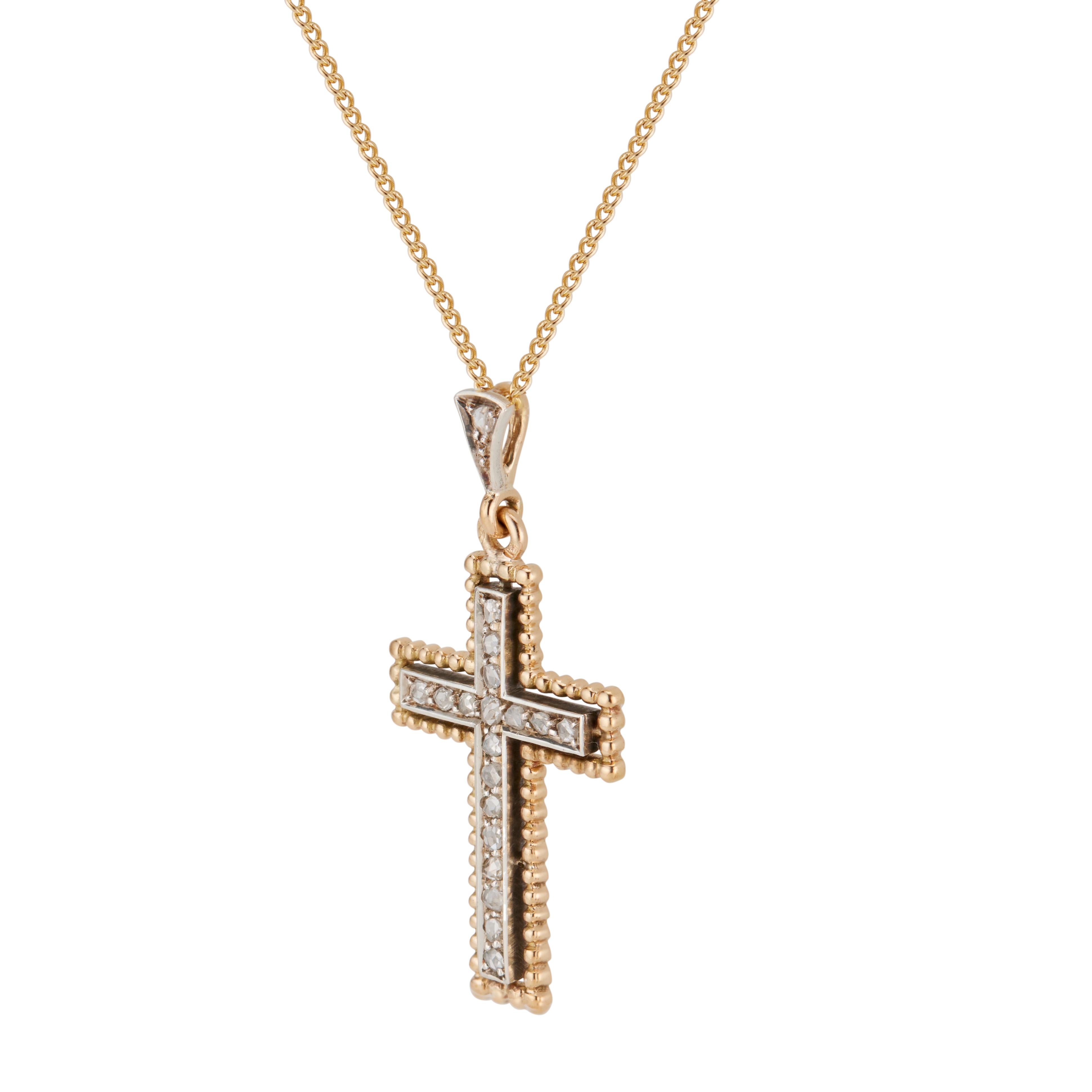 .25 Carat Diamond Yellow Gold Silver Cross Pendant Necklace  In Good Condition In Stamford, CT