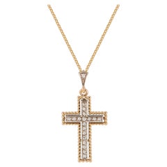.25 Carat Diamond Yellow Gold Silver Cross Pendant Necklace 