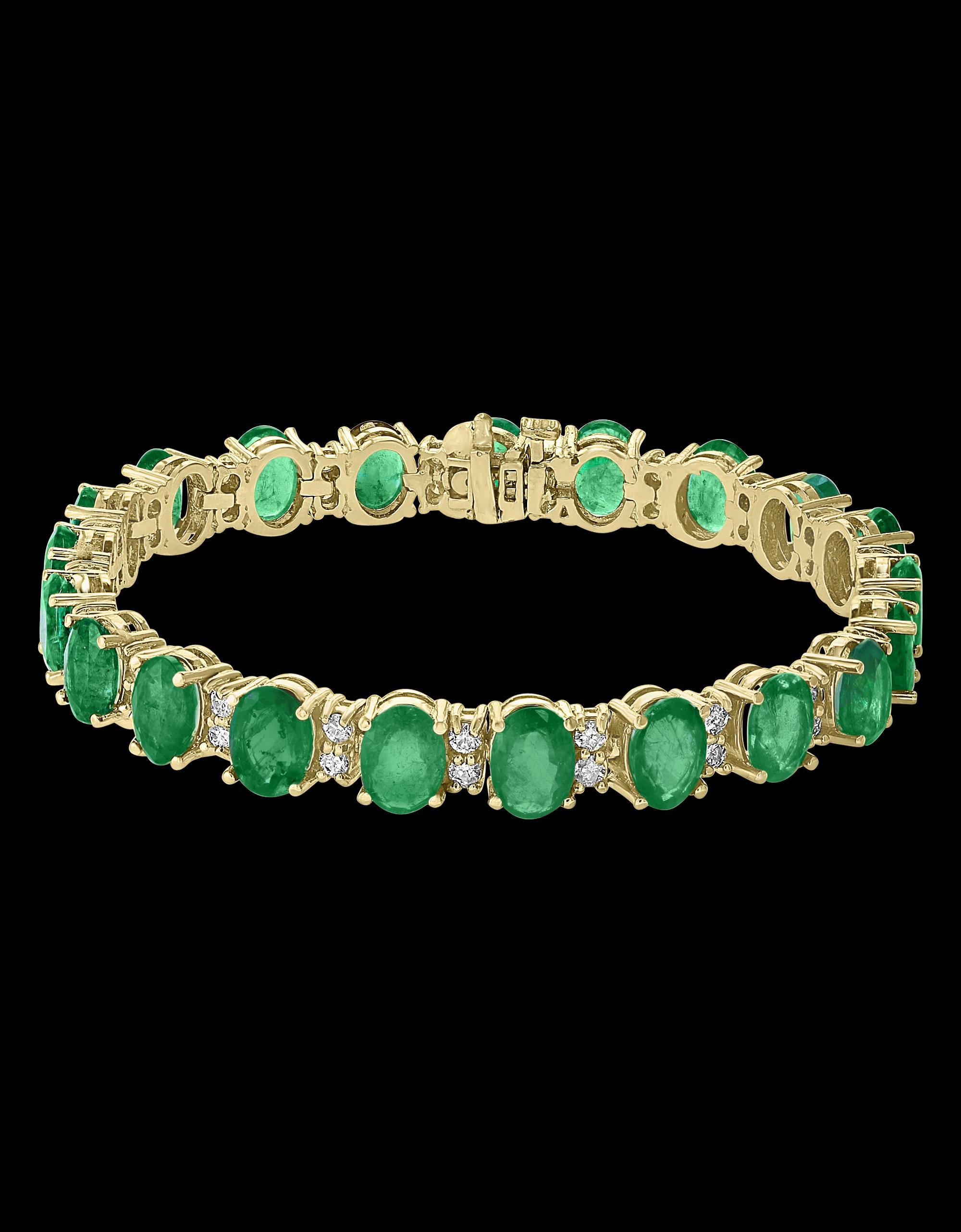  This exceptionally affordable Tennis  bracelet has  21 stones of oval  Emeralds  . Each Emerald is spaced by two diamonds . Total Weight of Emeralds is 25 carat. Total number of diamonds are 40 and diamond weighs 1.2 ct.
The bracelet is expertly
