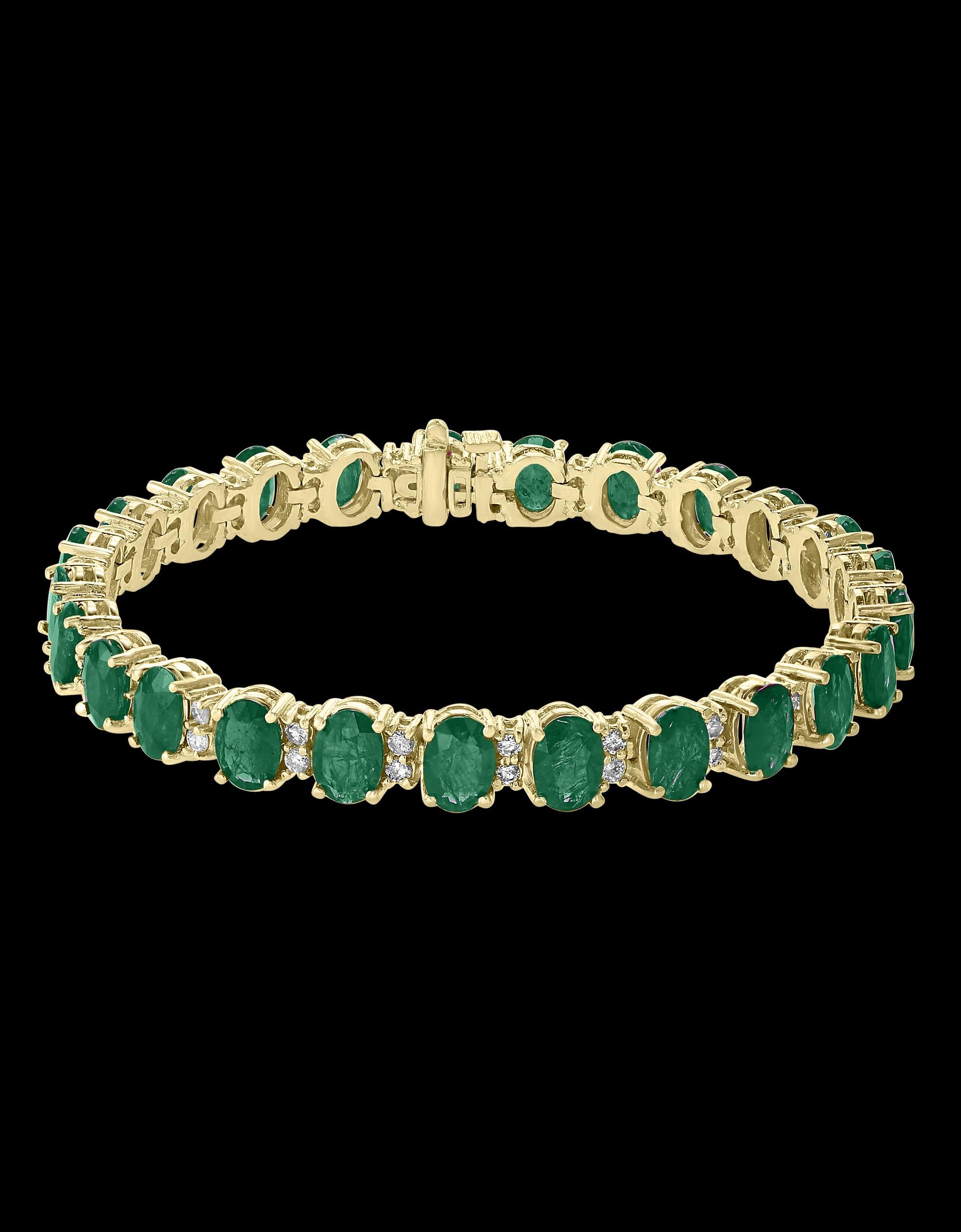  This exceptionally affordable Tennis  bracelet has  25 stones of oval  Emeralds  . Each Emerald is spaced by two diamonds .Total weight of Emerald is 25 carat. Total number of diamonds are 50 and diamond weighs 1.3 ct.
The bracelet is expertly