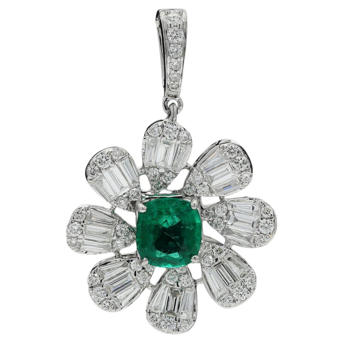 2.5 Carat Emerald and Diamond Flower Wedding Pendant in 18K White Gold