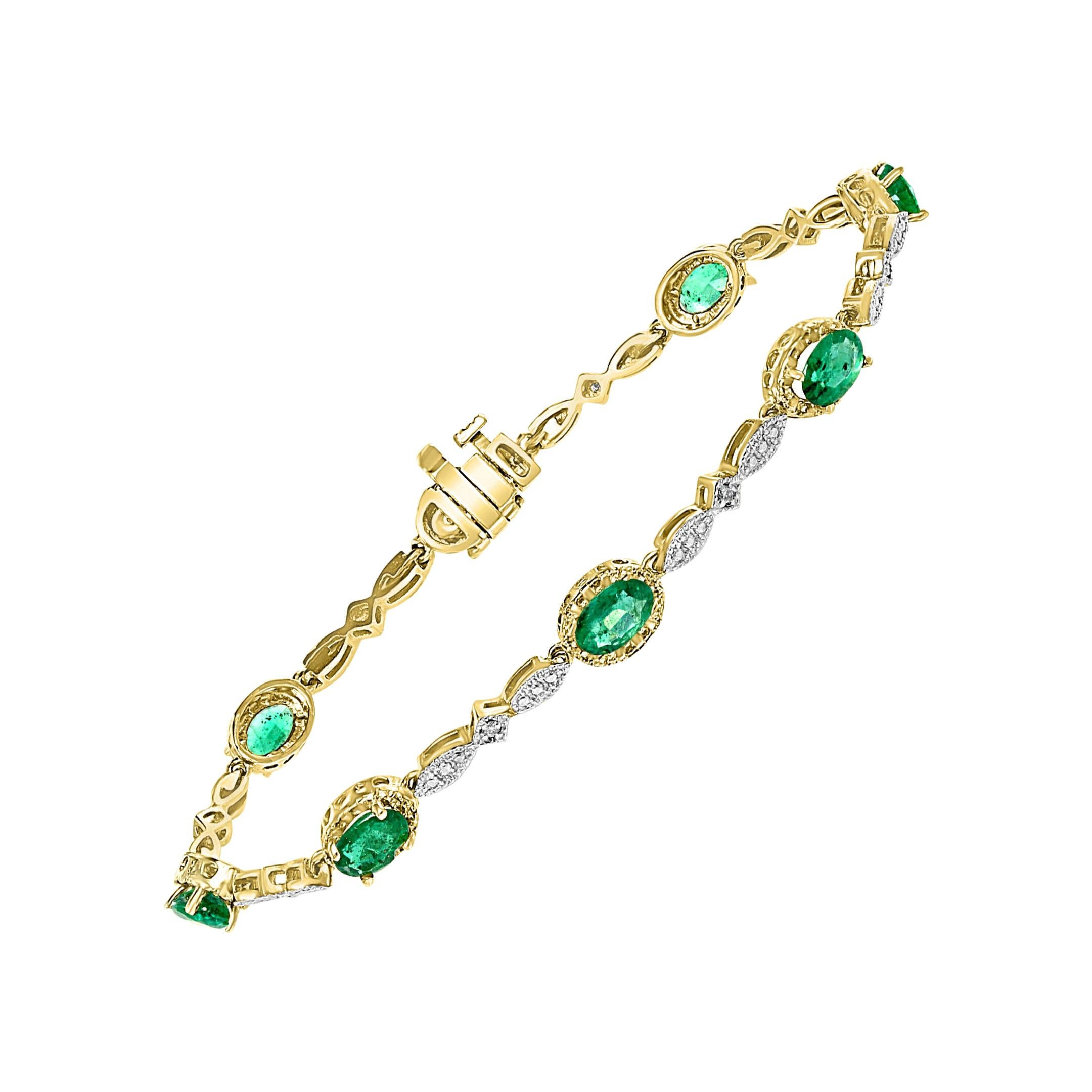 2.5 Carat Emerald And  Diamond Tennis Bracelet 14 Karat Yellow Gold