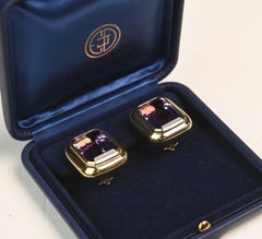 25 Carat Emerald Cut Amethyst Earrings. 18K Yellow Gold Clip Back Earrings