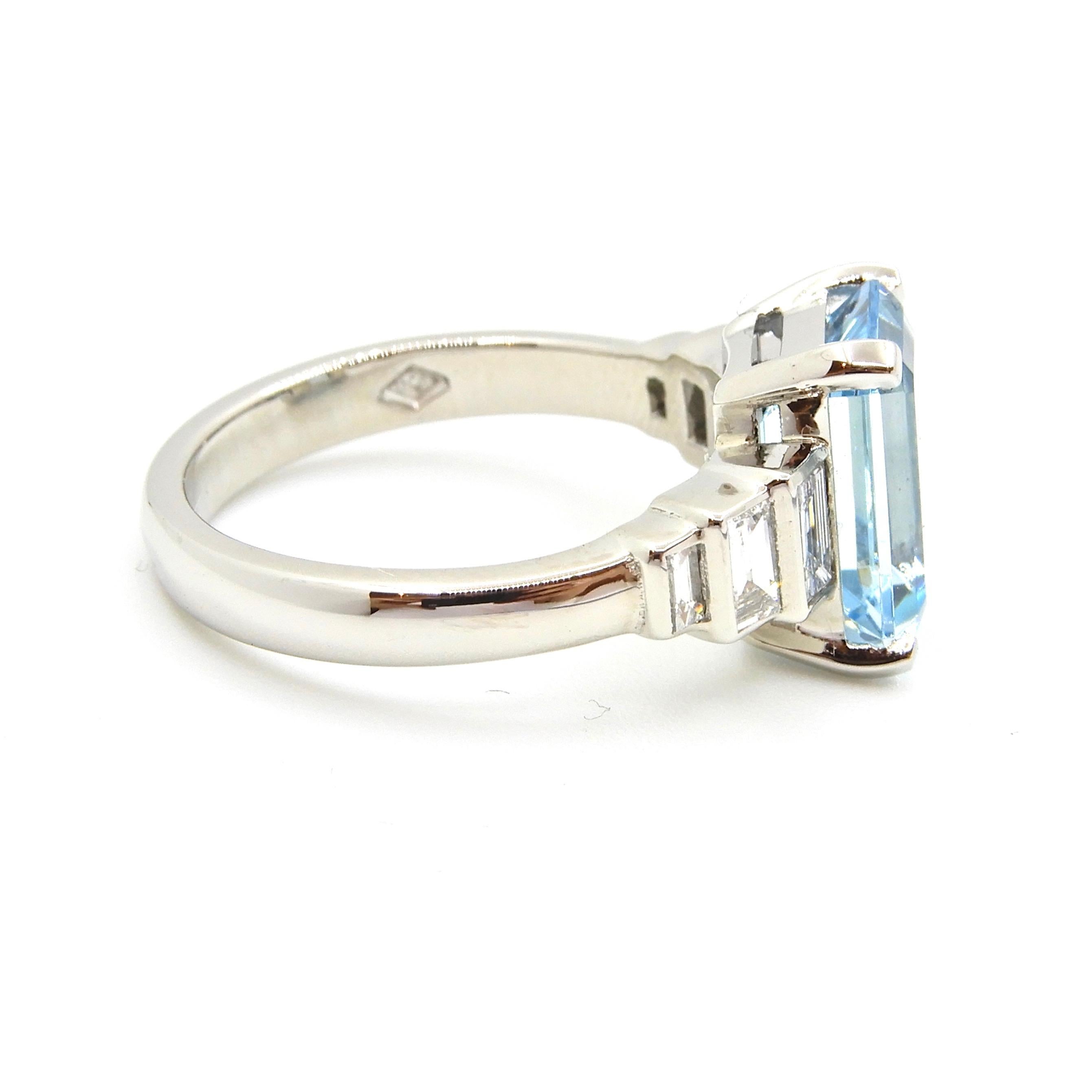 Women's 2.5 Carat Emerald Cut Aquamarine Diamond Platinum Ring For Sale