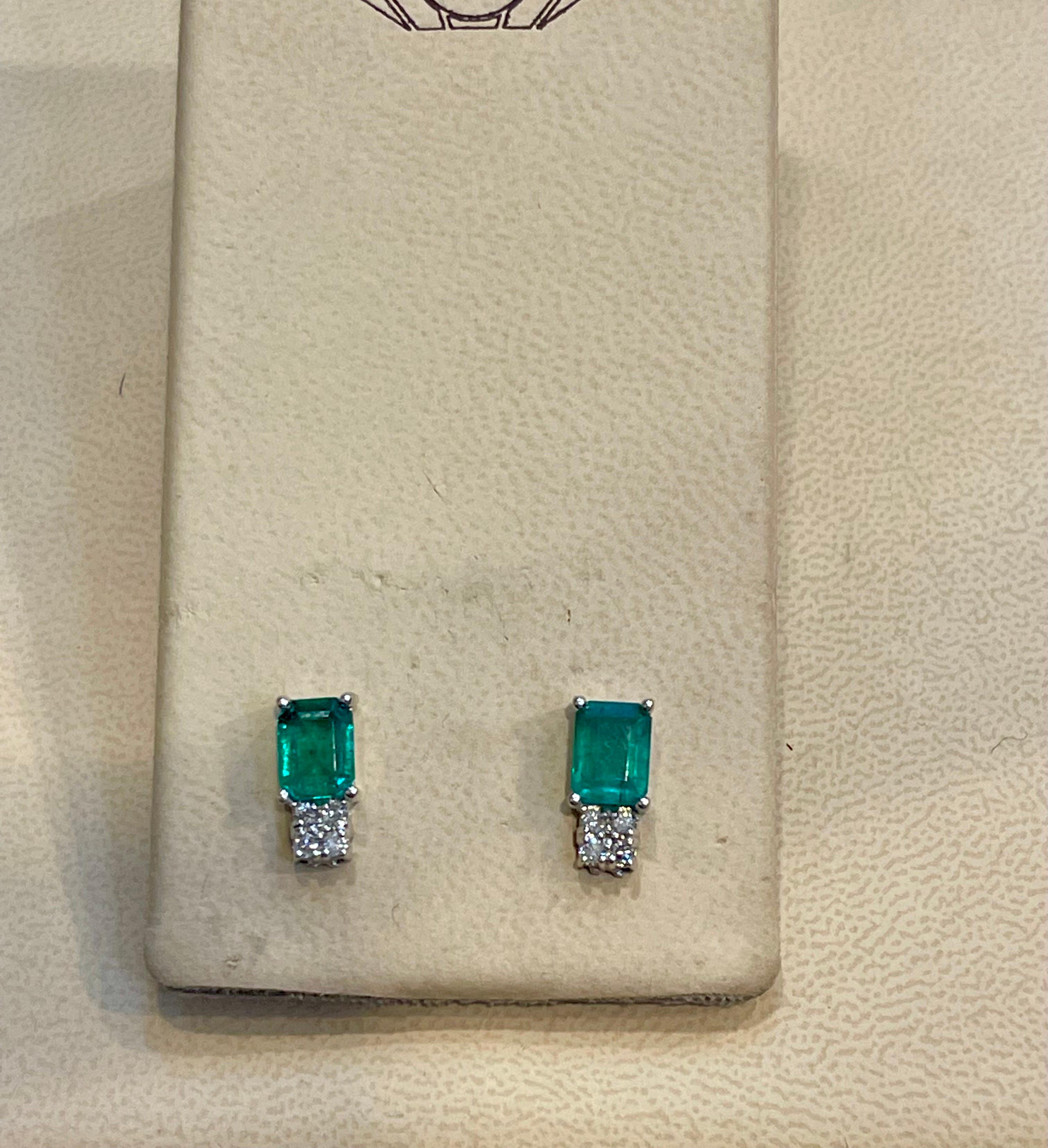 2.5 Carat Emerald Cut Emerald & 0.50 Ct Diamond Stud Earrings 14 Kt White Gold 1