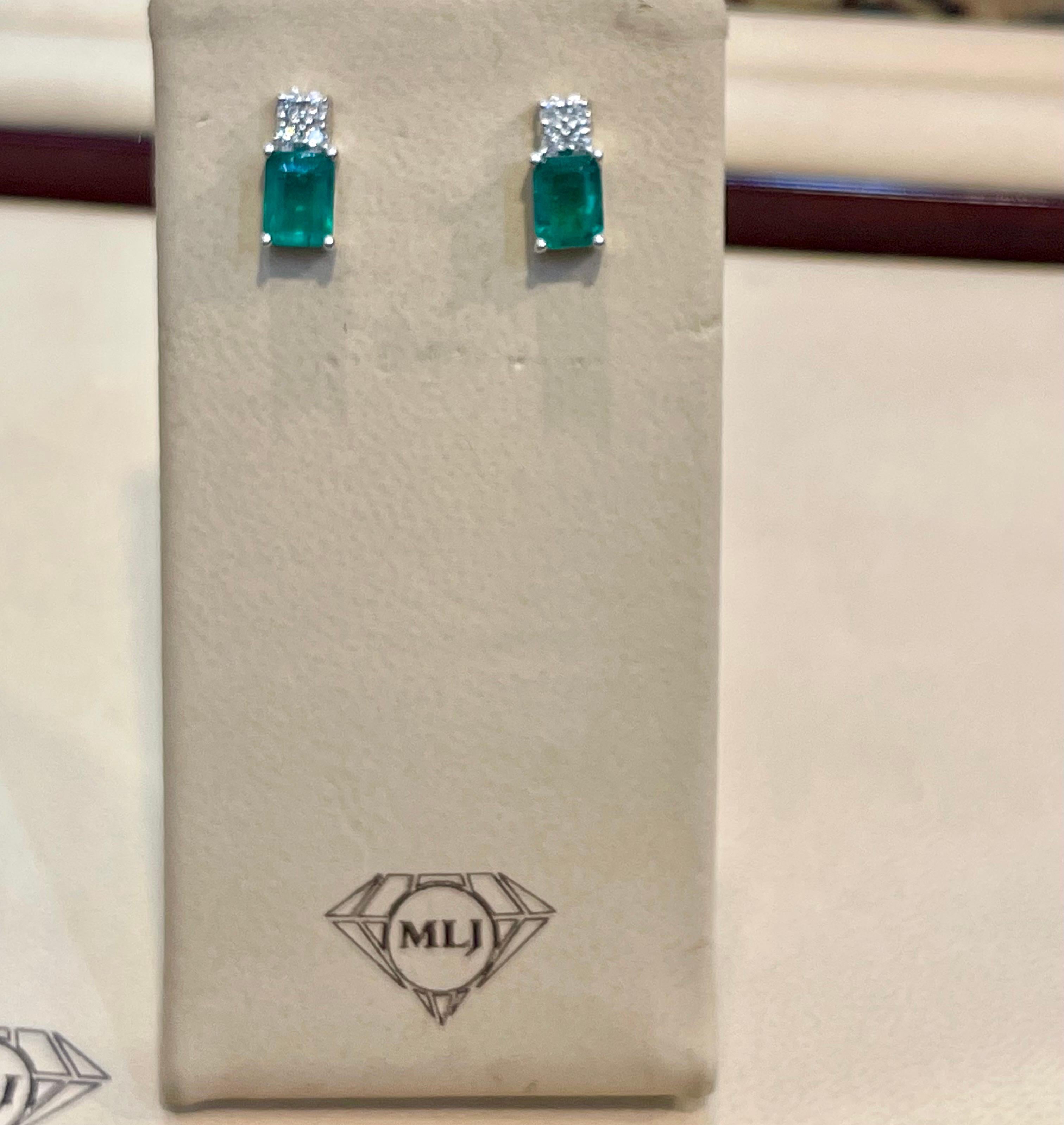 2.5 Carat Emerald Cut Emerald & 0.50 Ct Diamond Stud Earrings 14 Kt White Gold 2