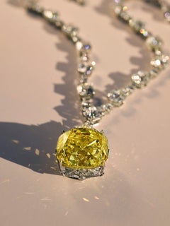 25 Carat Fancy Yellow Cushion Cut Diamond Drop Necklace, Tiffany Style