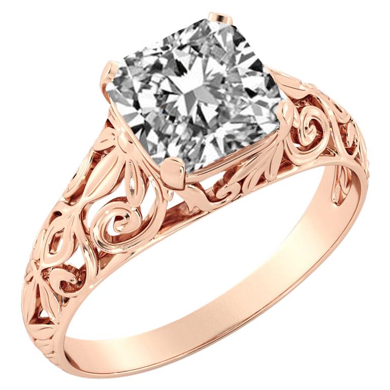 2.5 Carat GIA Cushion Engagement Ring, Vintage Diamond 18 Karat Rose Gold Ring