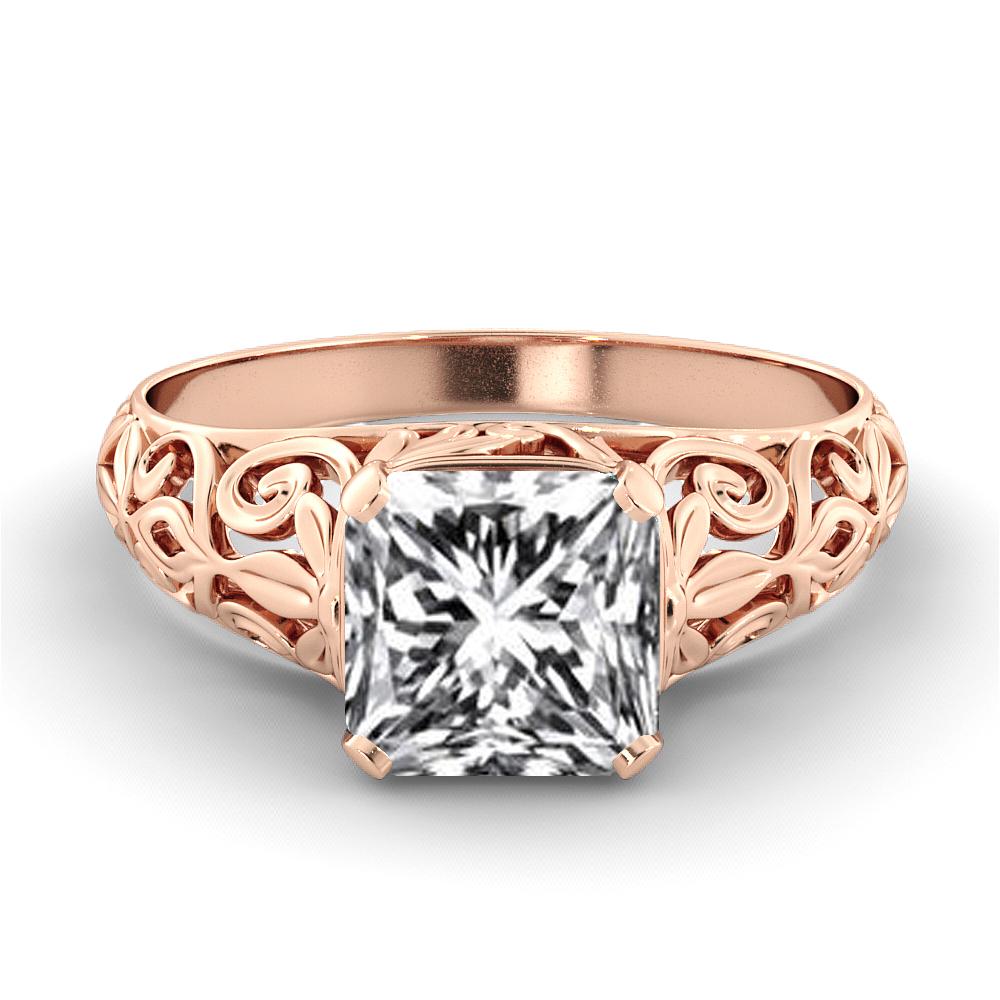 This stunning vintage design ring features a solitaire GIA certified diamond. Center stone is 100% eye clean, natural 2.5 carat, cushion shaped diamond of F-G color and VS2-SI1 clarity. Set in a sleek, 18K rose gold, solitaire ring with a 4-prong