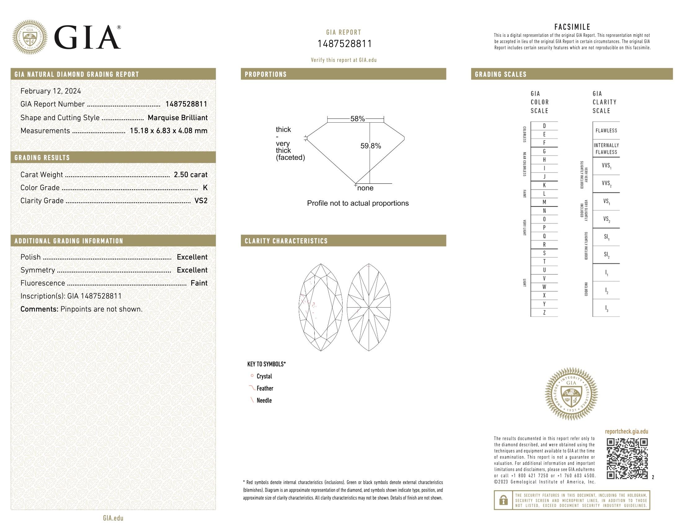 2.5 Carat GIA Marquise Cut Diamond in 14k Yellow Gold Solitaire Ring For Sale 5