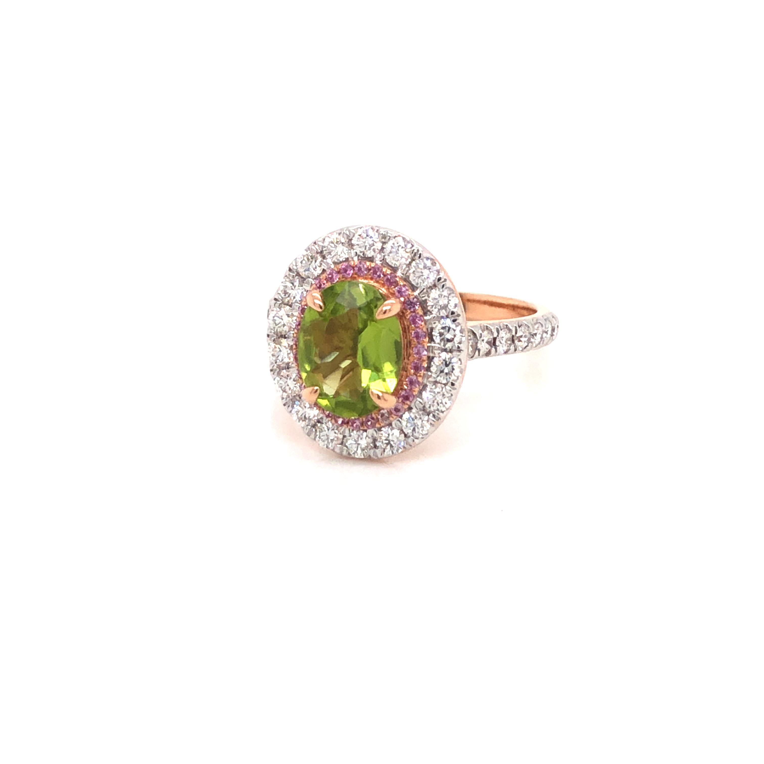 2.5 Carat Green Peridot Pink Sapphire Diamond Engagement Cocktail 18KT Ring For Sale 2